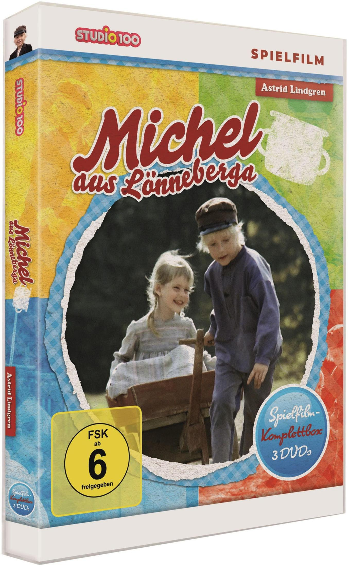 DVD-Cover von Michel aus Lönneberga mit zwei Kindern und einer Holzkarre.