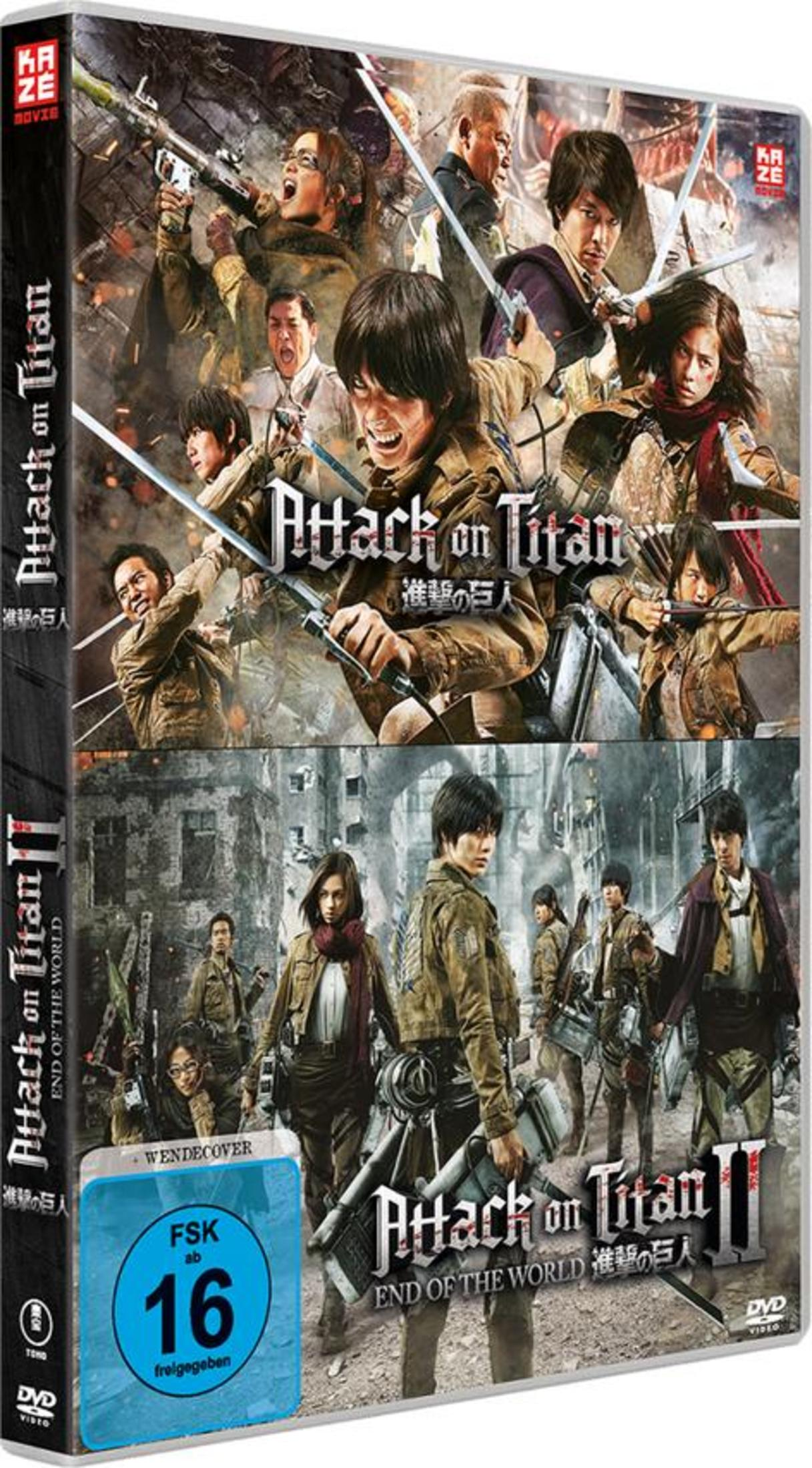 DVD-Hülle der Attack on Titan Live-Action-Filme mit Charakteren in Militäruniformen und Action-Posen.