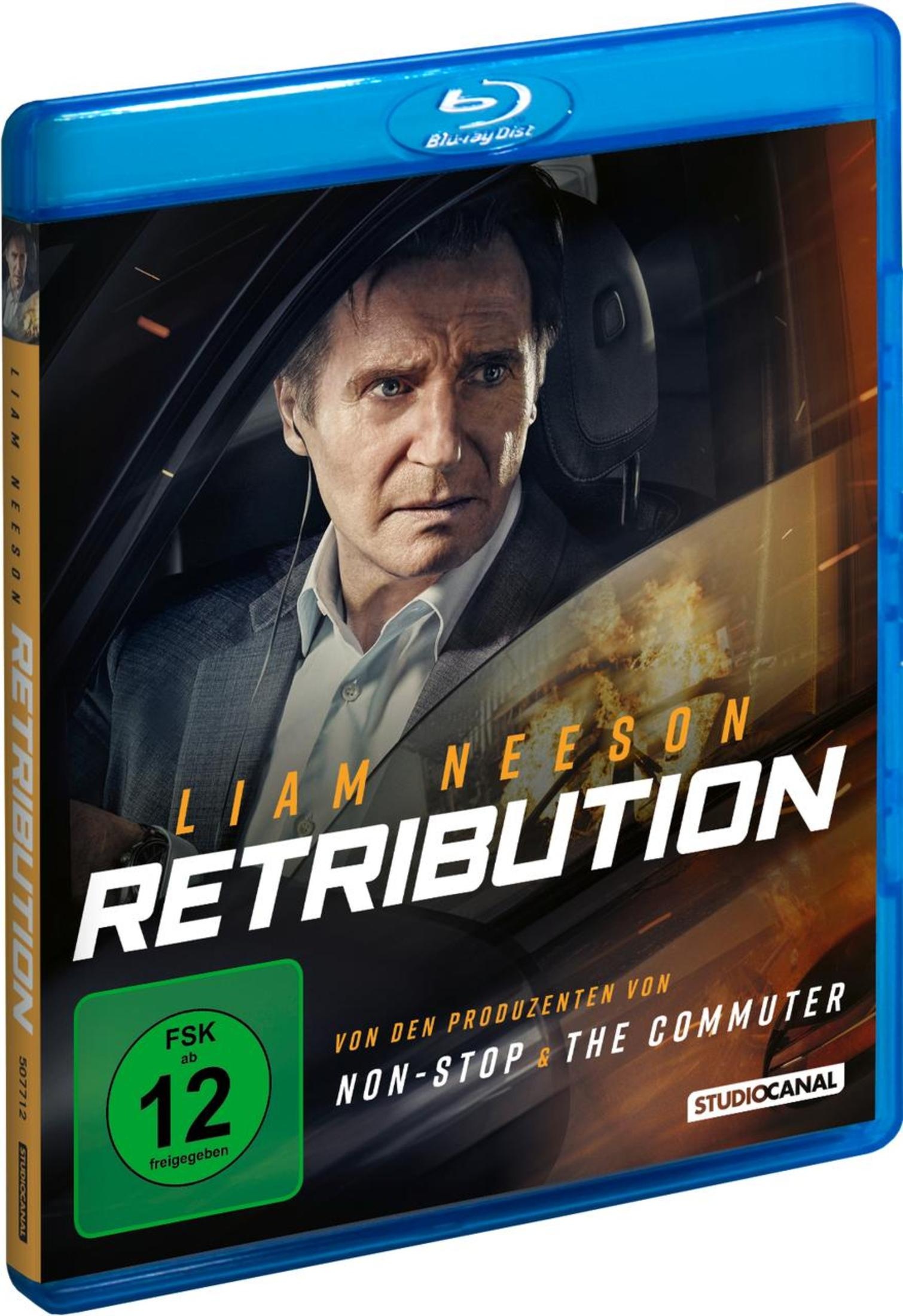 Blu-ray-Hülle des Films Retribution mit Liam Neeson im Auto und einer Explosion im Hintergrund.
