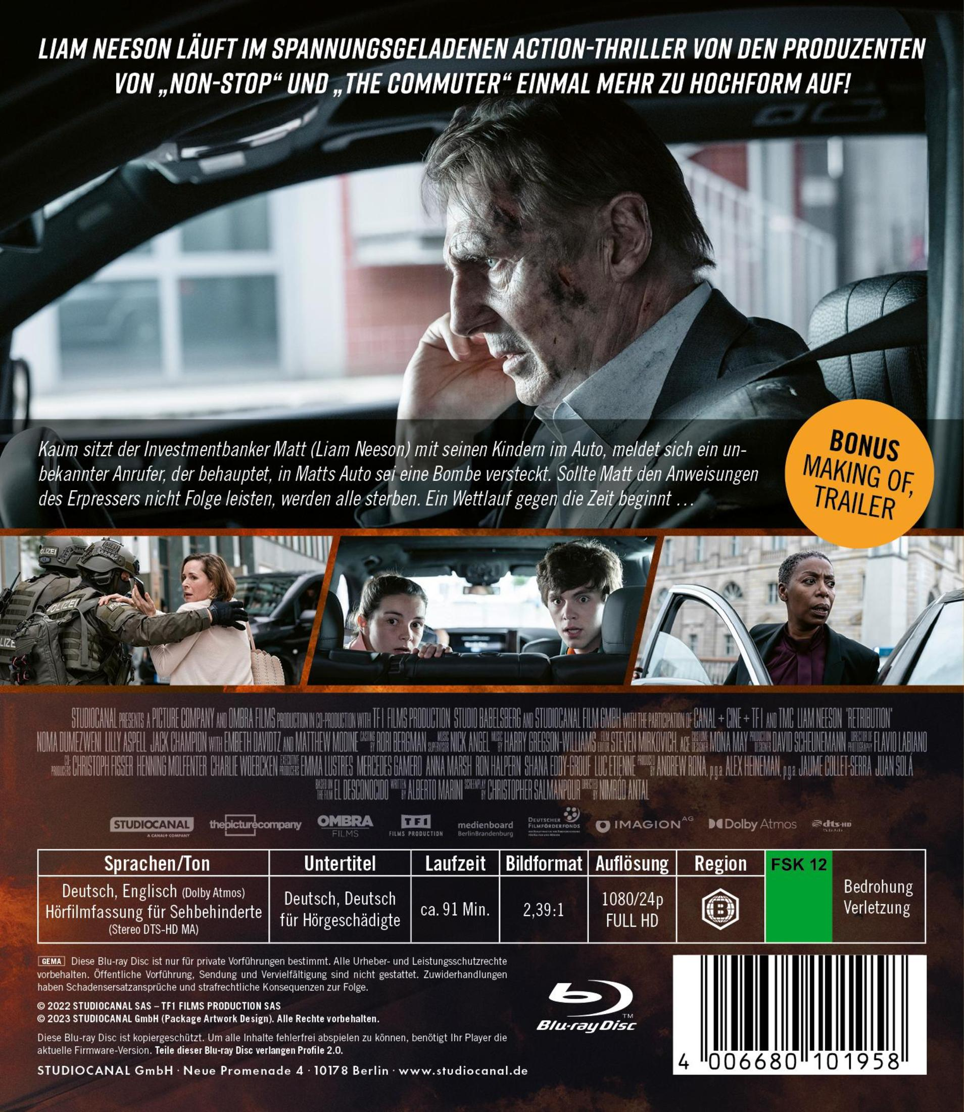 Filmposter zu Retribution mit Liam Neeson im Auto und Szenen mit Polizei und Familie.