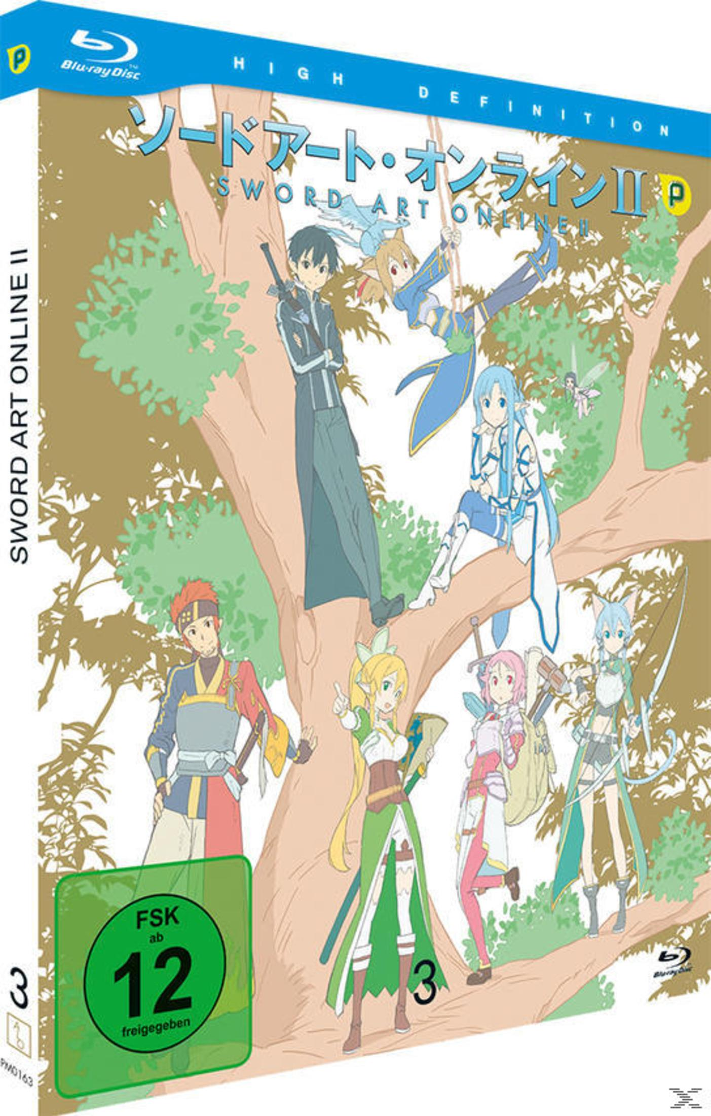 Anime-Blu-ray-Hülle mit Sword Art Online II Charakteren vor einem Baum.