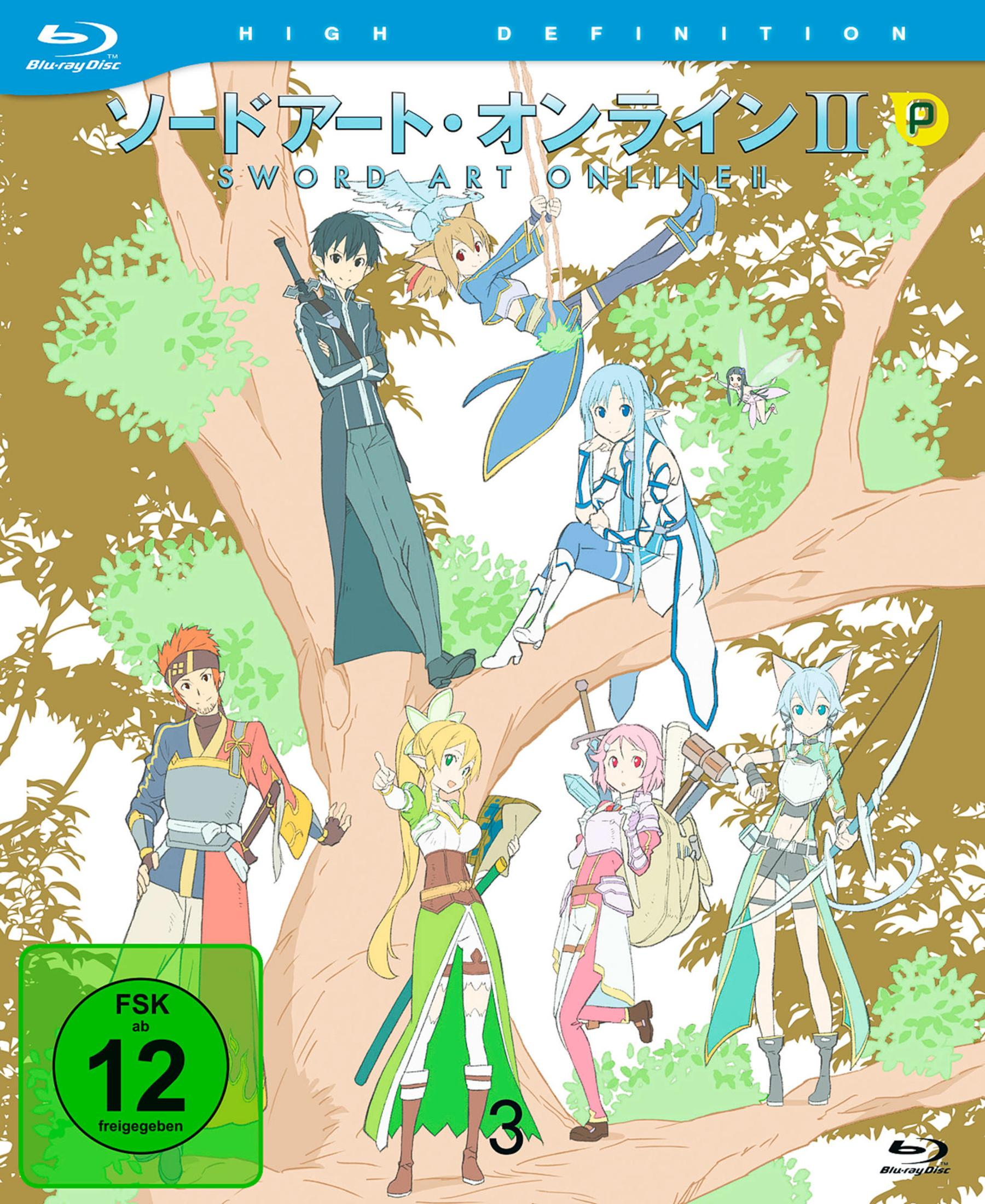 Anime-Figuren posieren vor einem großen braunen Baum unter blauem Himmel mit japanischem Text.