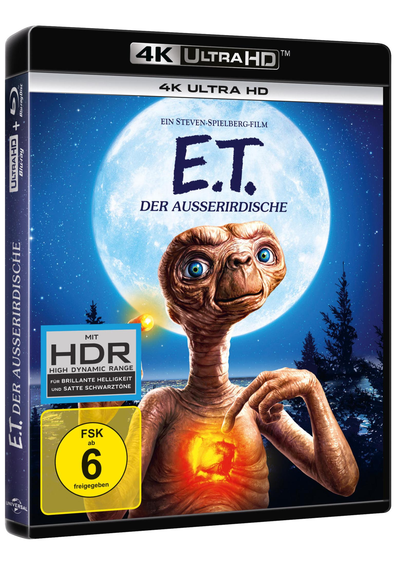 E.T. Blu-ray-Hülle mit dem Außerirdischen vor blauem Vollmondhintergrund und HDR-Logo.