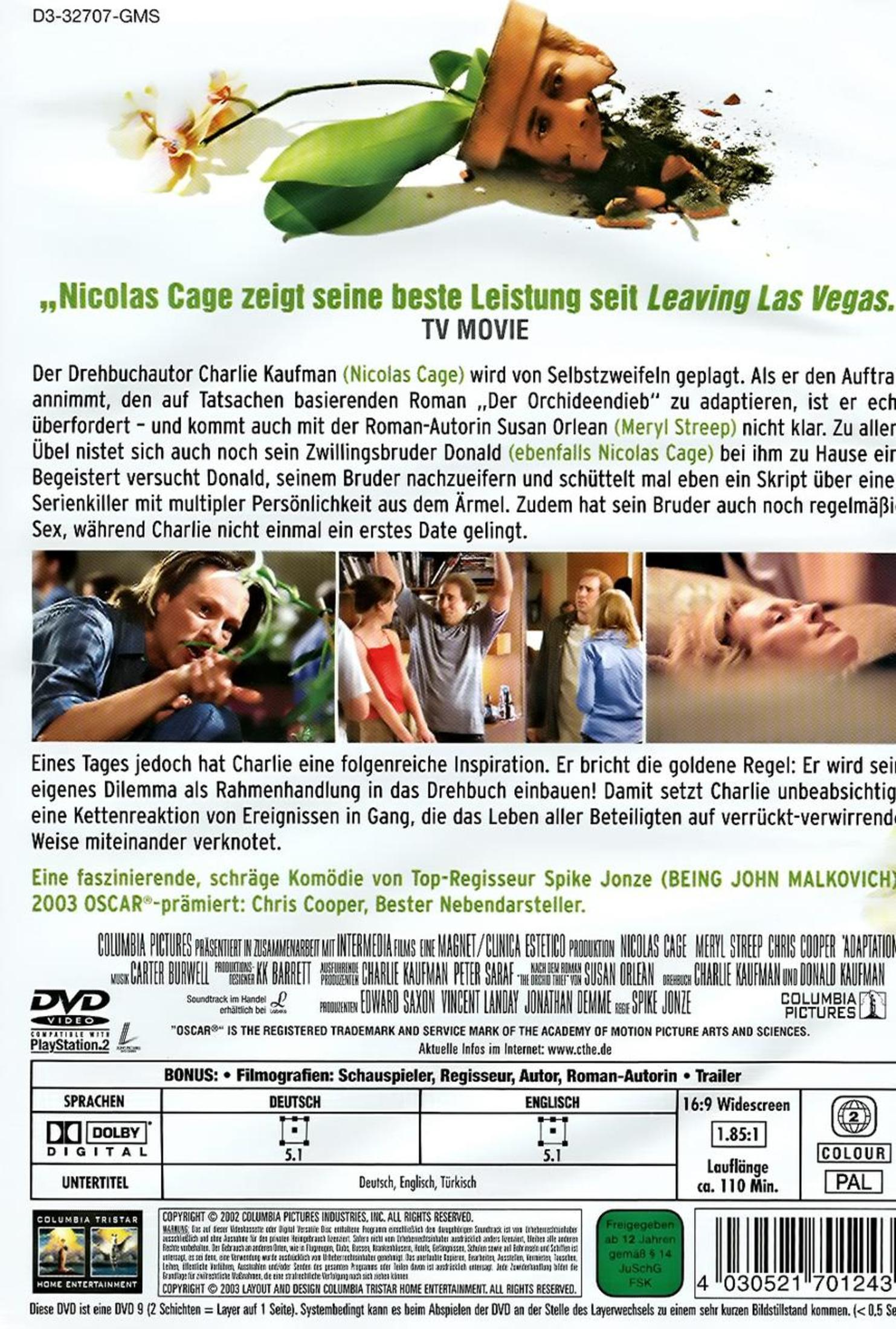 DVD-Rückseite des Films Adaptation mit Texten, Szenenbildern, Schauspieler- und Stabangaben auf Deutsch.