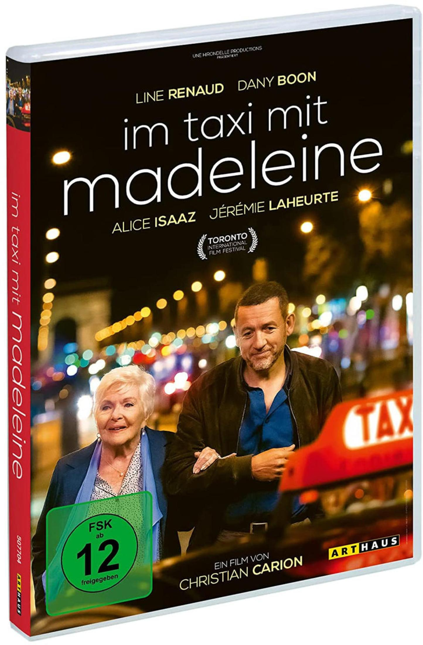 DVD-Cover von "Im Taxi mit Madeleine" mit Line Renaud und Dany Boon vor nächtlicher Stadtkulisse.