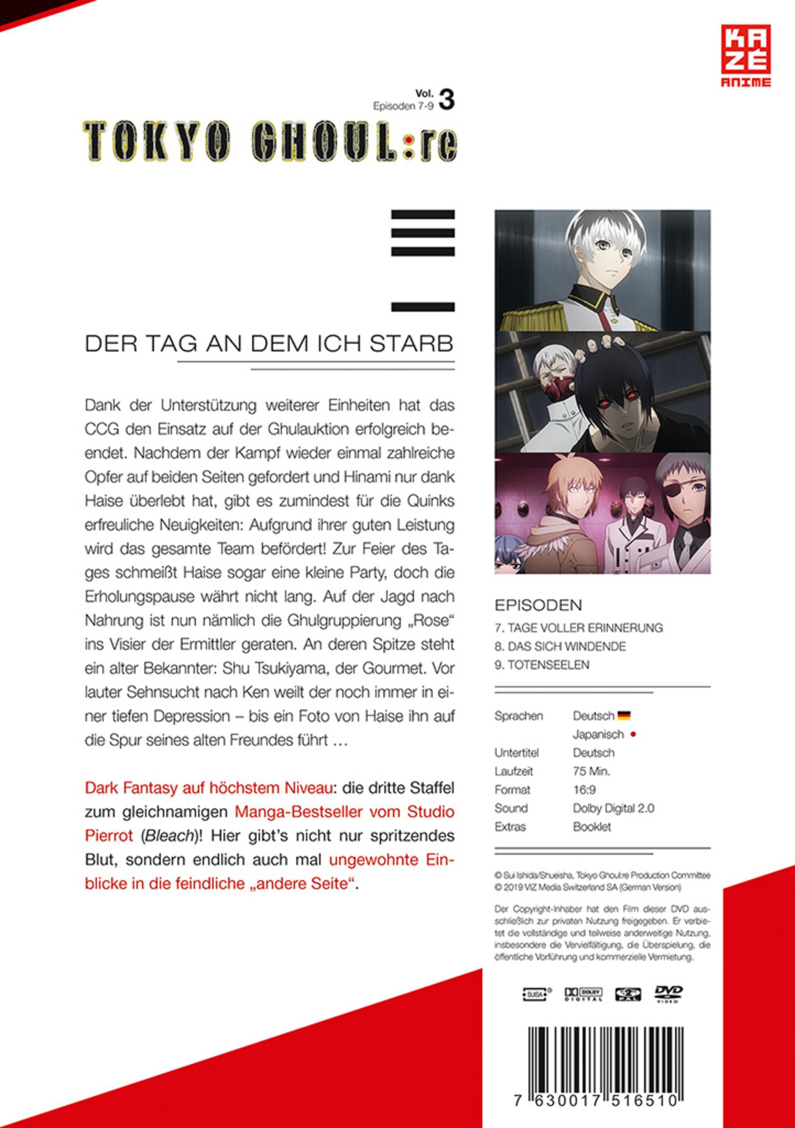 Tokyo Ghoul:re Vol. 3 DVD-Hülle mit Anime-Charakteren, deutschem Text, Episodenliste und Barcode unten.