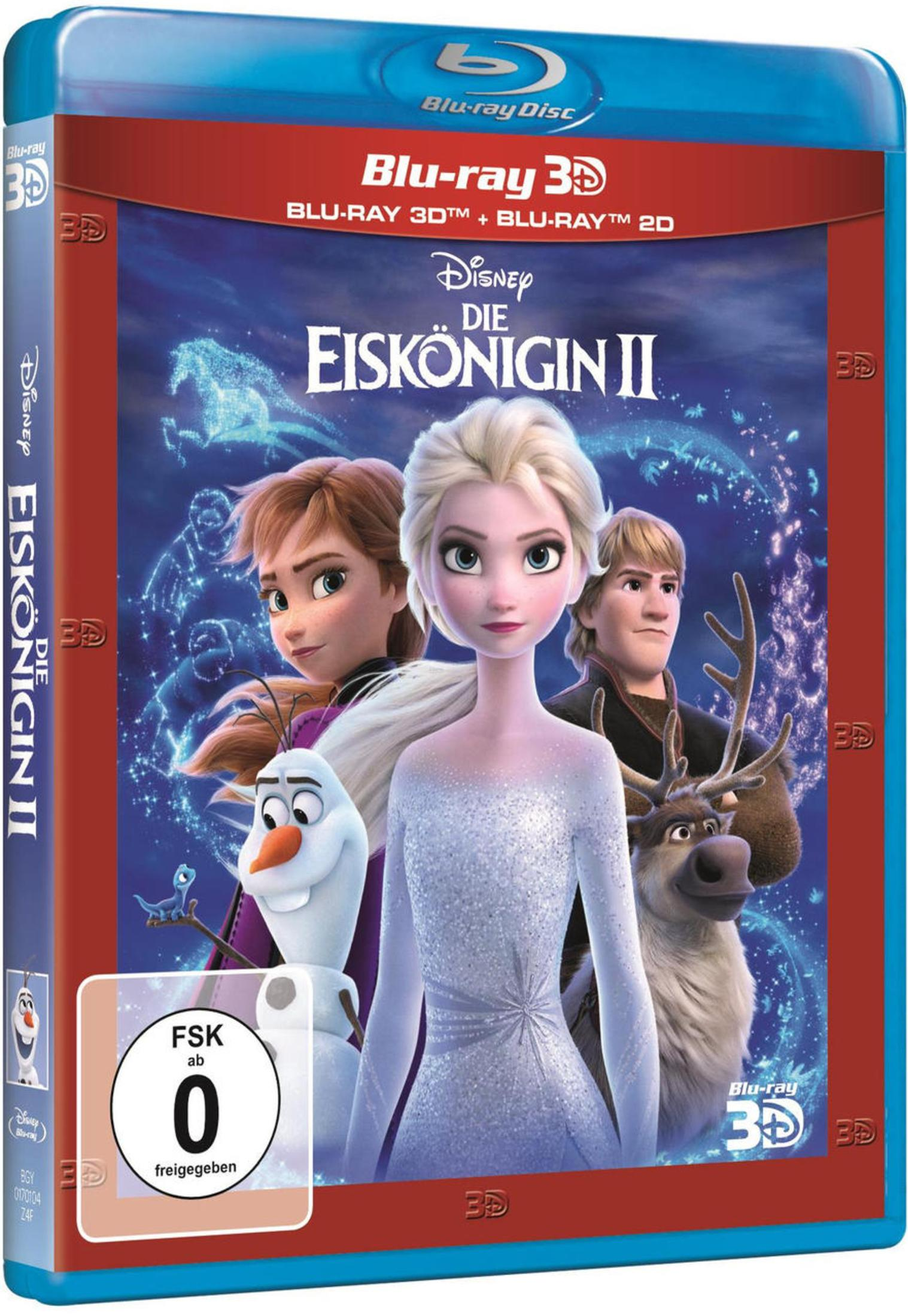 Blu-ray-Hülle von Die Eiskönigin II mit Elsa, Anna, Olaf, Kristoff und Sven vor magischem Hintergrund.
