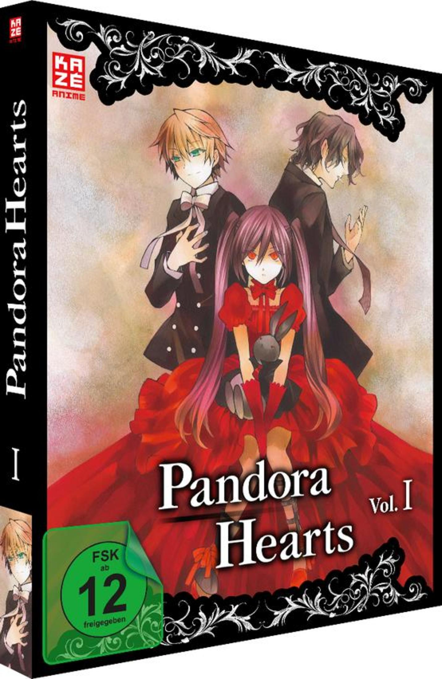 Anime-DVD-Hülle von Pandora Hearts Vol. I mit drei Charakteren vor rotem und hellem Hintergrund.