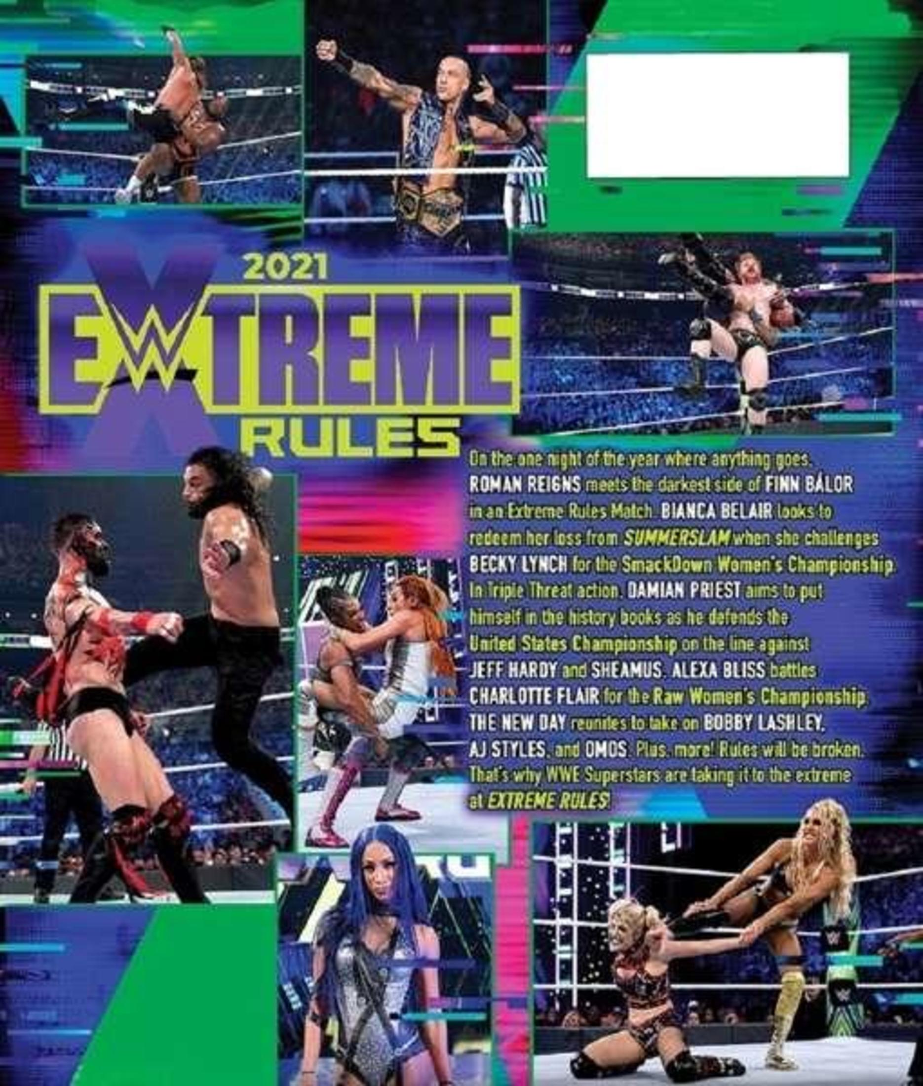 Eine bunte Collage von WWE Extreme Rules 2021 Werbebildern mit verschiedenen Wrestlern in Aktion.