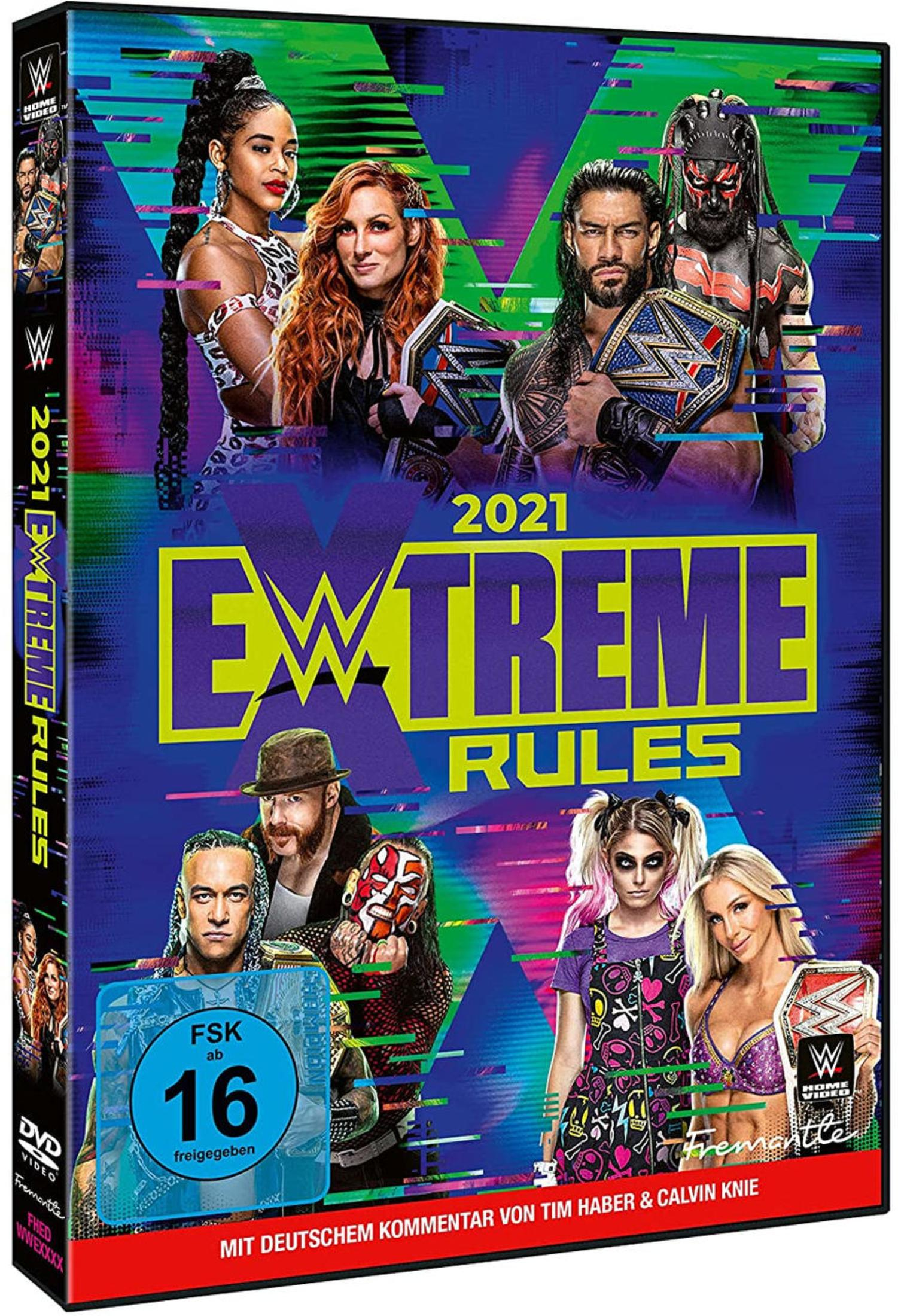 DVD-Cover von WWE Extreme Rules 2021 mit mehreren Wrestlern, darunter Roman Reigns und Becky Lynch.