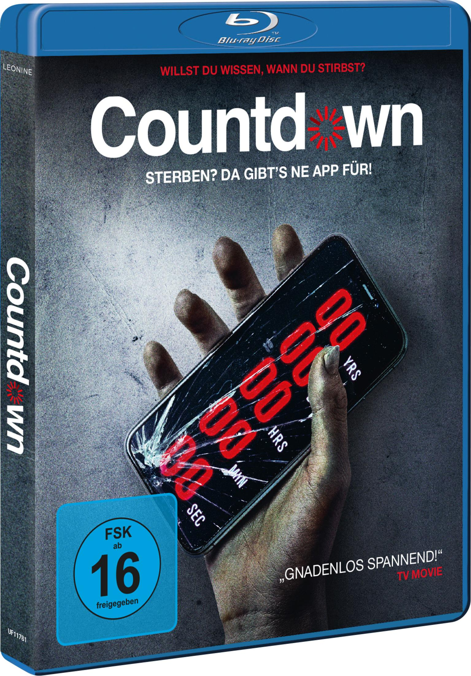 Blu-ray-Hülle des Films Countdown mit blutiger Hand, die ein zerbrochenes Smartphone mit rotem Countdown hält.