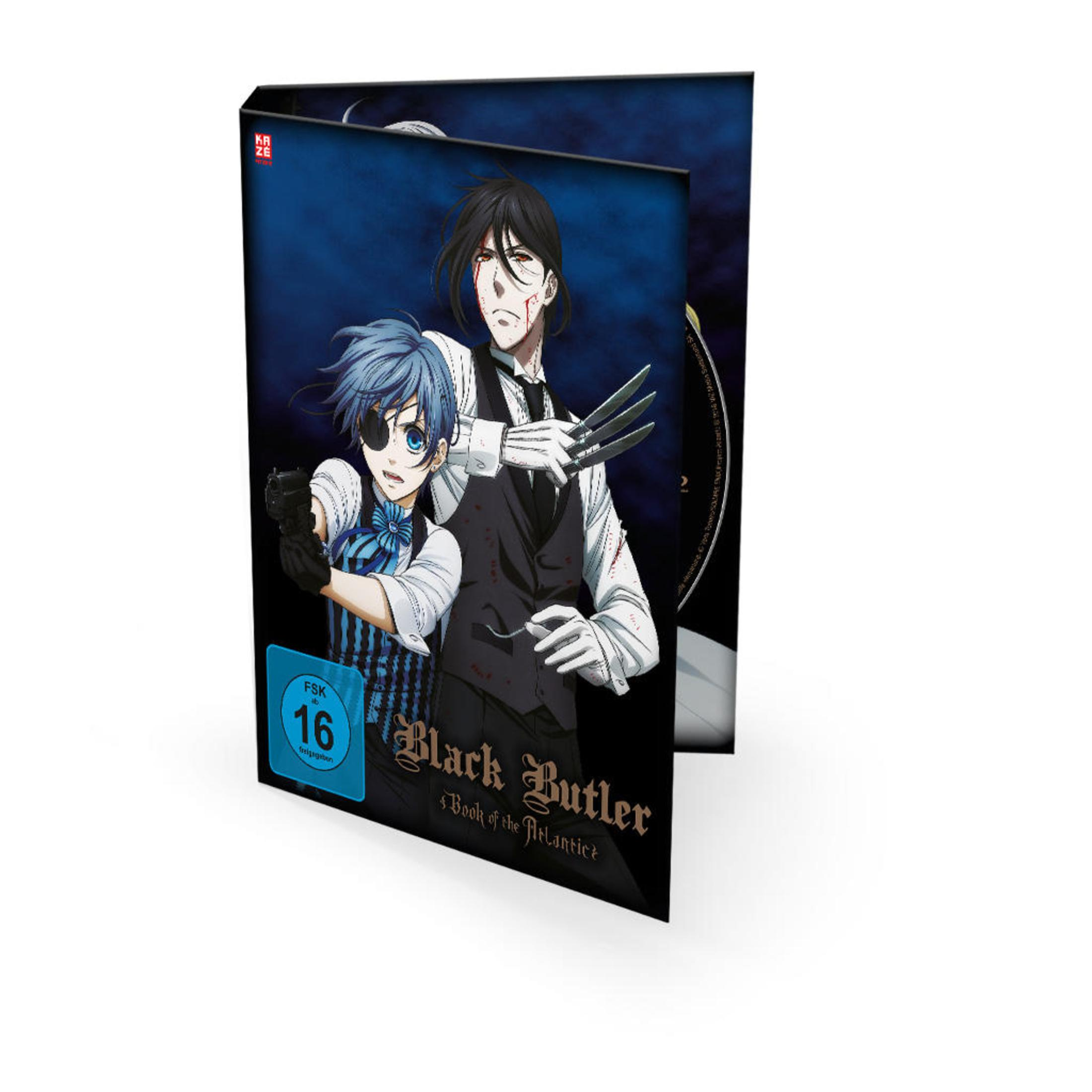 DVD-Hülle von Black Butler Book of the Atlantic mit zwei Anime-Charakteren und Waffen vor dunklem Hintergrund.