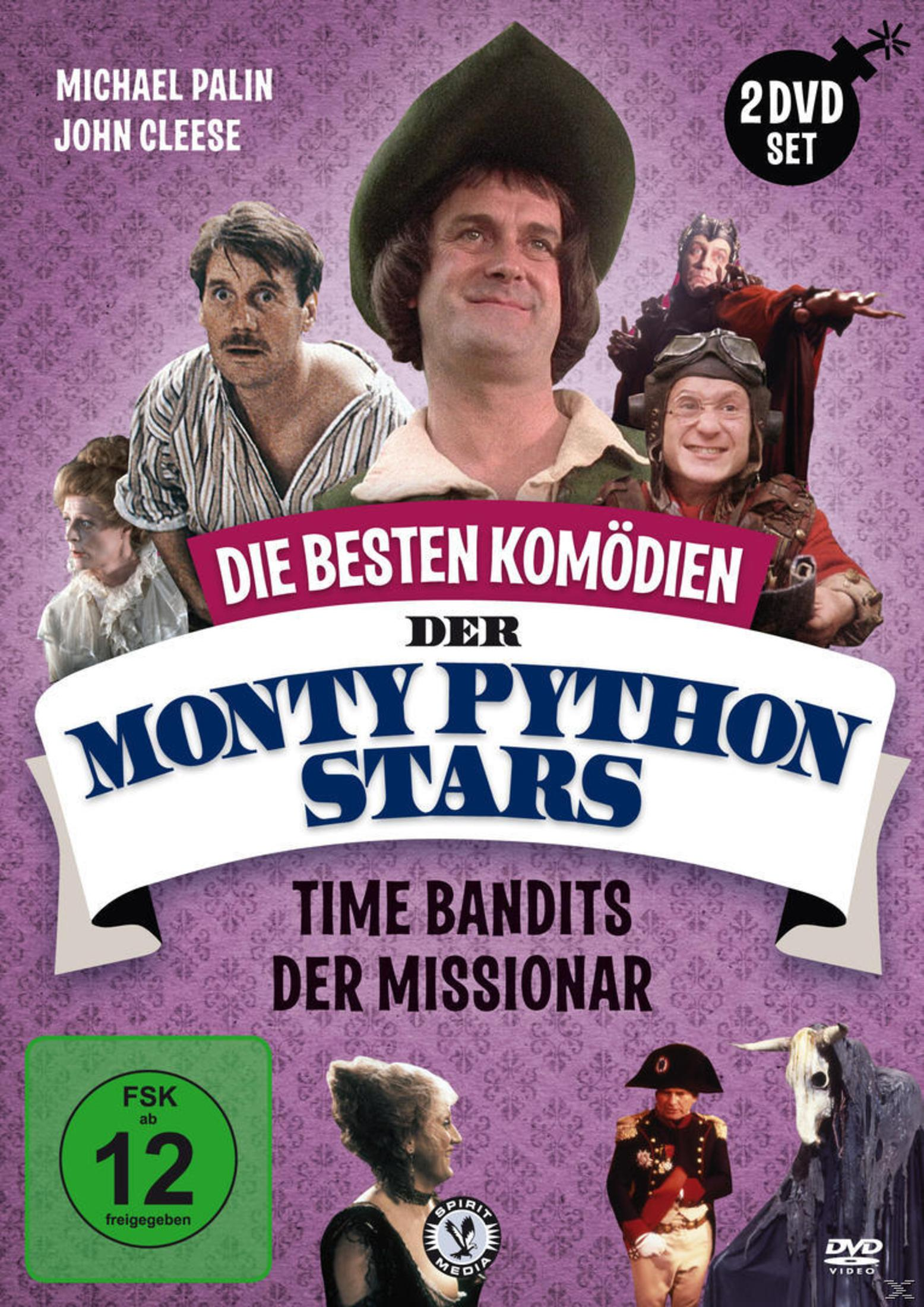 DVD-Cover mit Charakteren aus Monty Python für Time Bandits und Der Missionar auf lila Hintergrund.