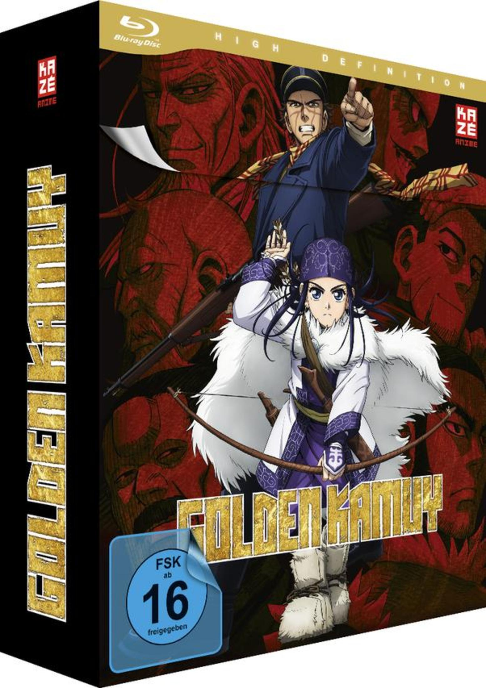 Golden Kamuy Blu-ray-Box mit Anime-Charakteren mit Waffen und traditioneller Kleidung vor rotem Hintergrund.