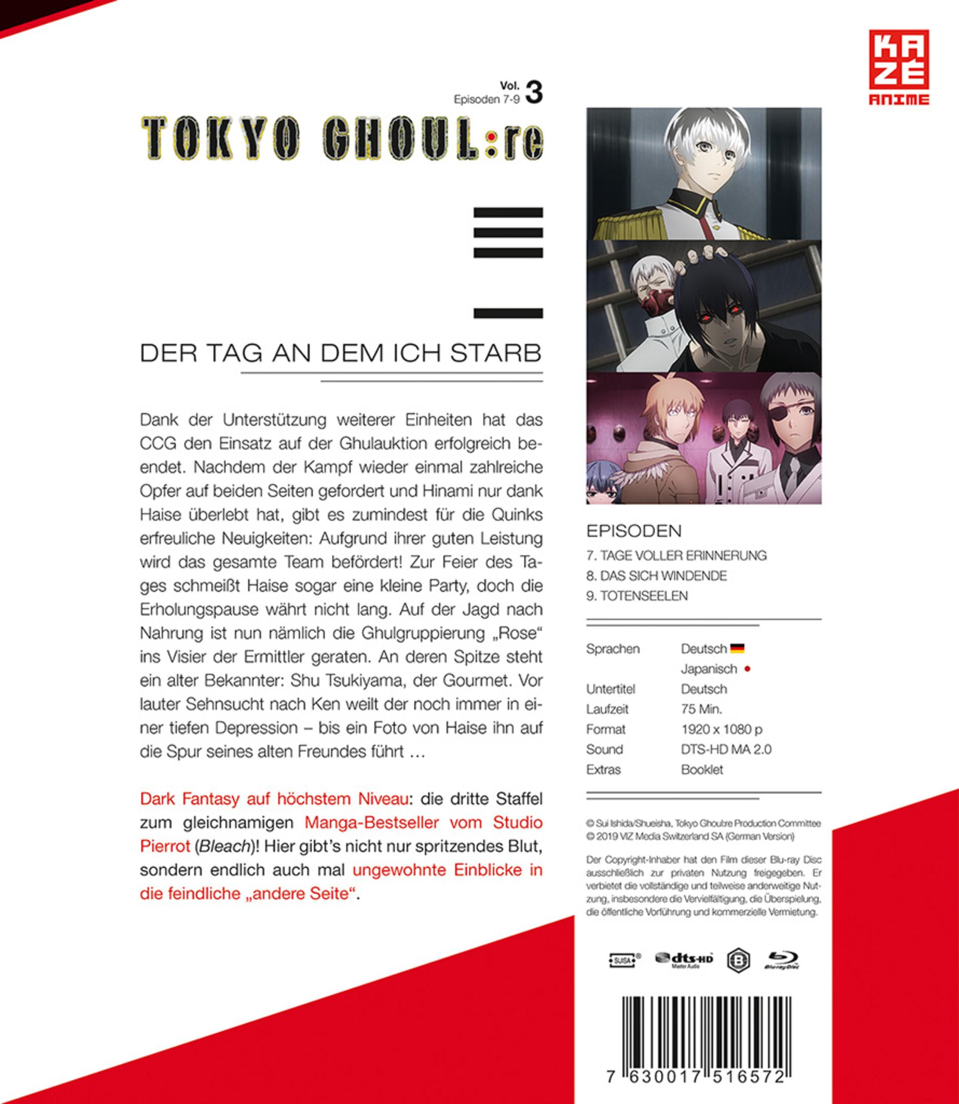 Rückseite der Tokyo Ghoul:re Vol. 3 Blu-ray Hülle mit Text, Szenenbildern und technischen Details.