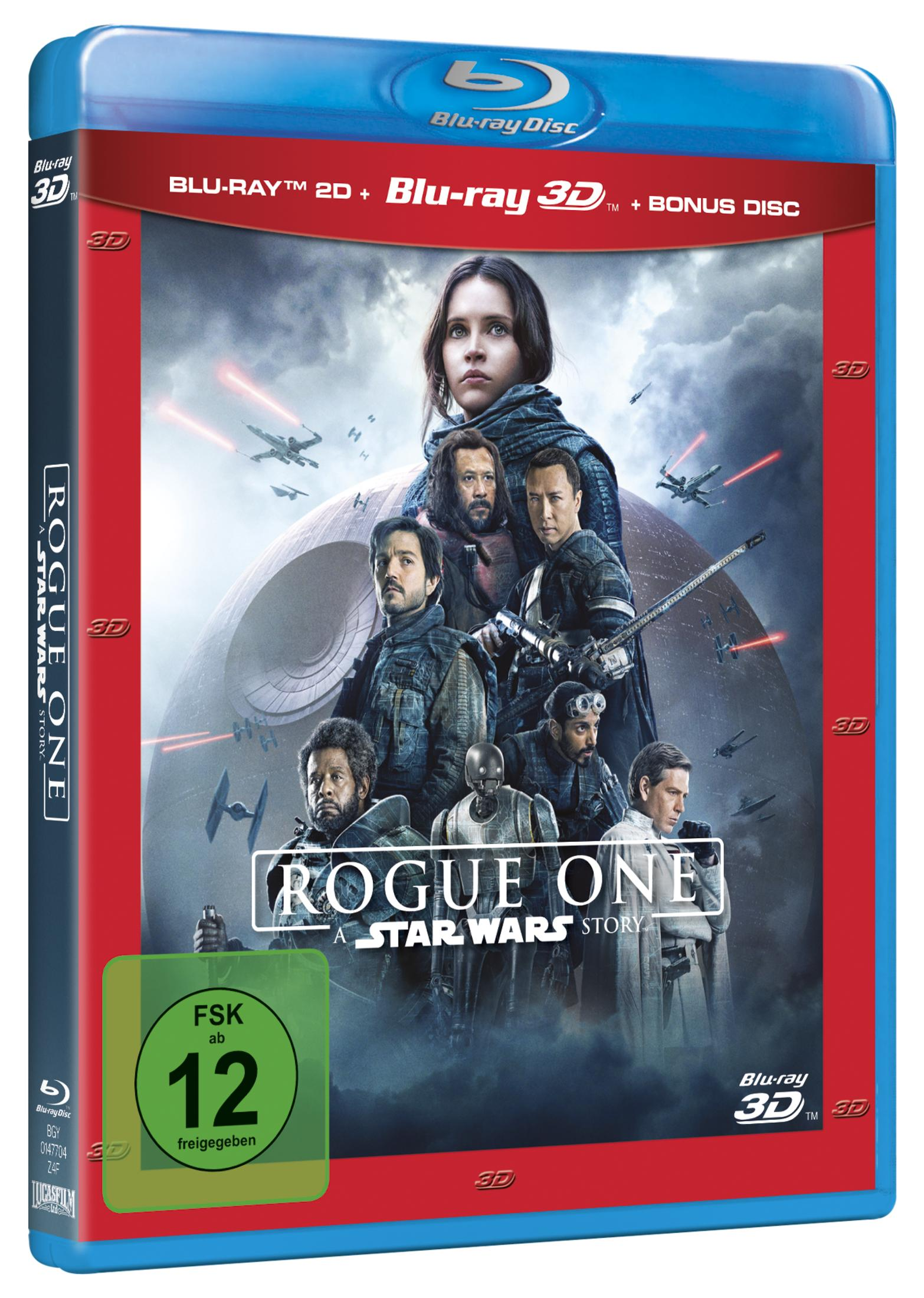 Rogue One A Star Wars Story Blu-ray 3D Cover mit Hauptcharakteren und der Todesstern im Hintergrund.