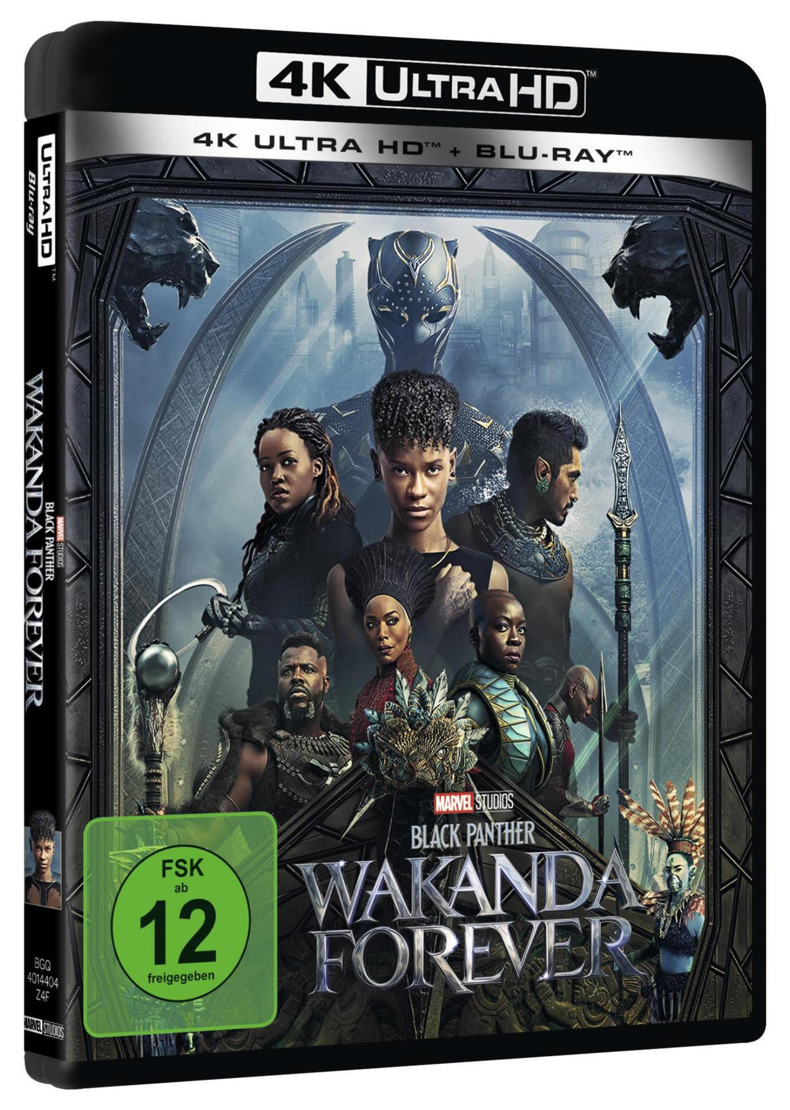 Das Black Panther Wakanda Forever 4K Ultra HD Blu-ray-Cover zeigt die Filmbesetzung vor einer Stadtkulisse.