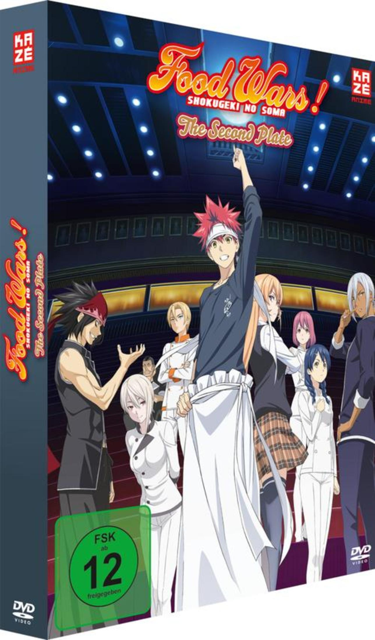 Anime-DVD-Cover von Food Wars! The Second Plate mit Charakteren im Vordergrund und Stadion im Hintergrund.