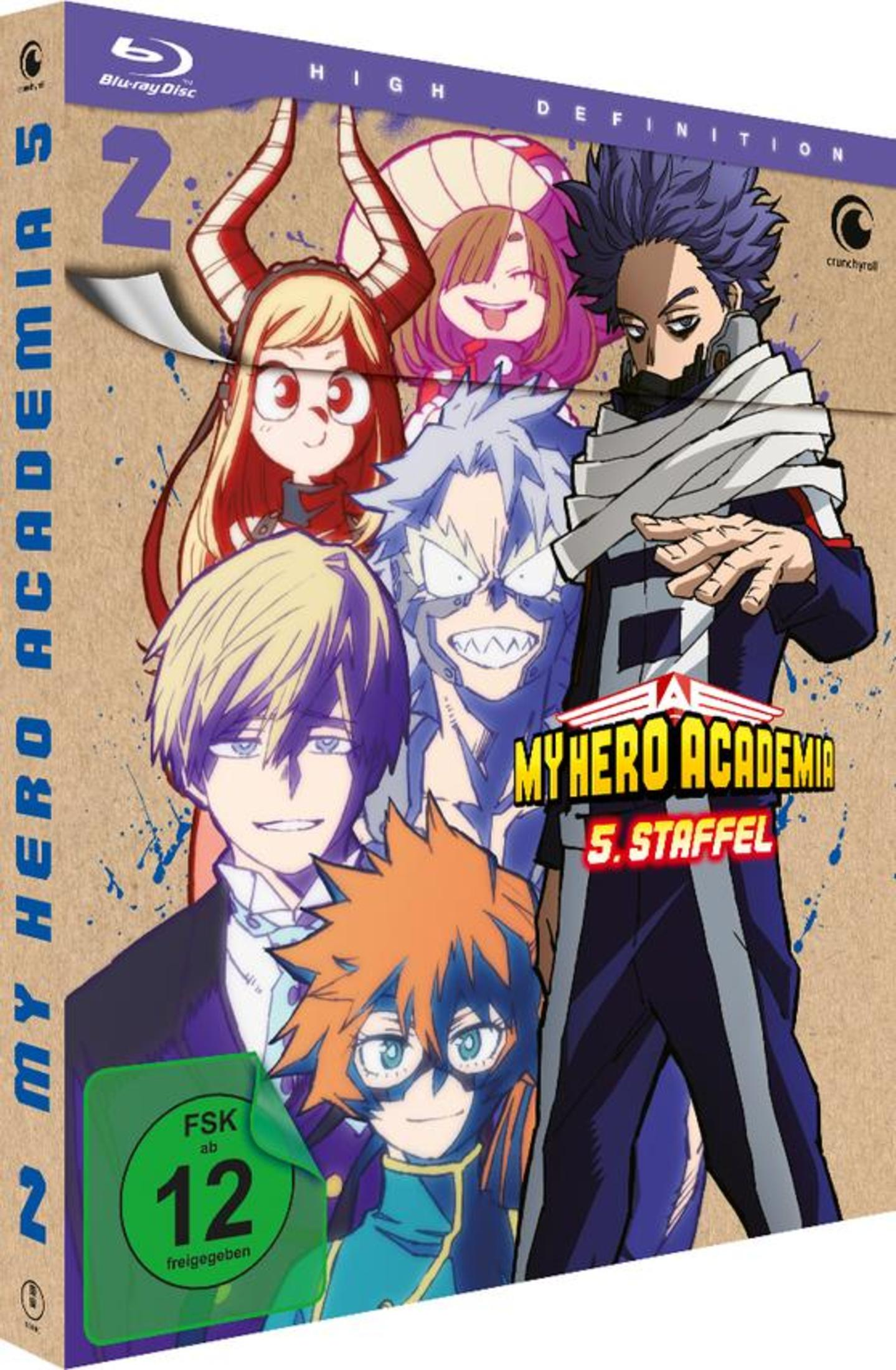 My Hero Academia Staffel 5 Blu-ray Cover mit Anime-Charakteren, Papp-Textur und FSK 12 Altersfreigabe.
