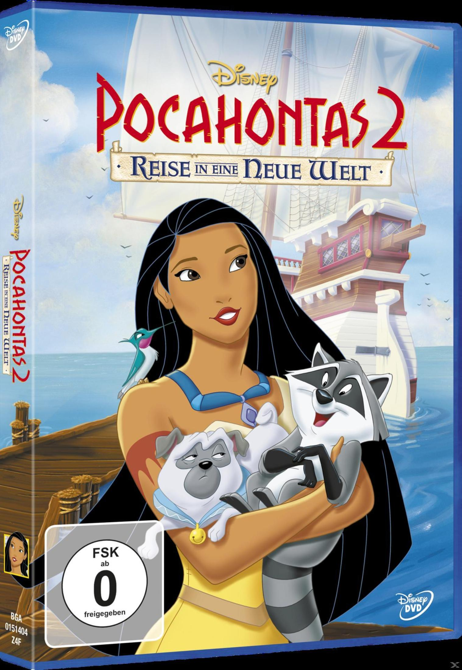 Pocahontas hält einen Mops und einen Waschbären vor einem Segelschiff.