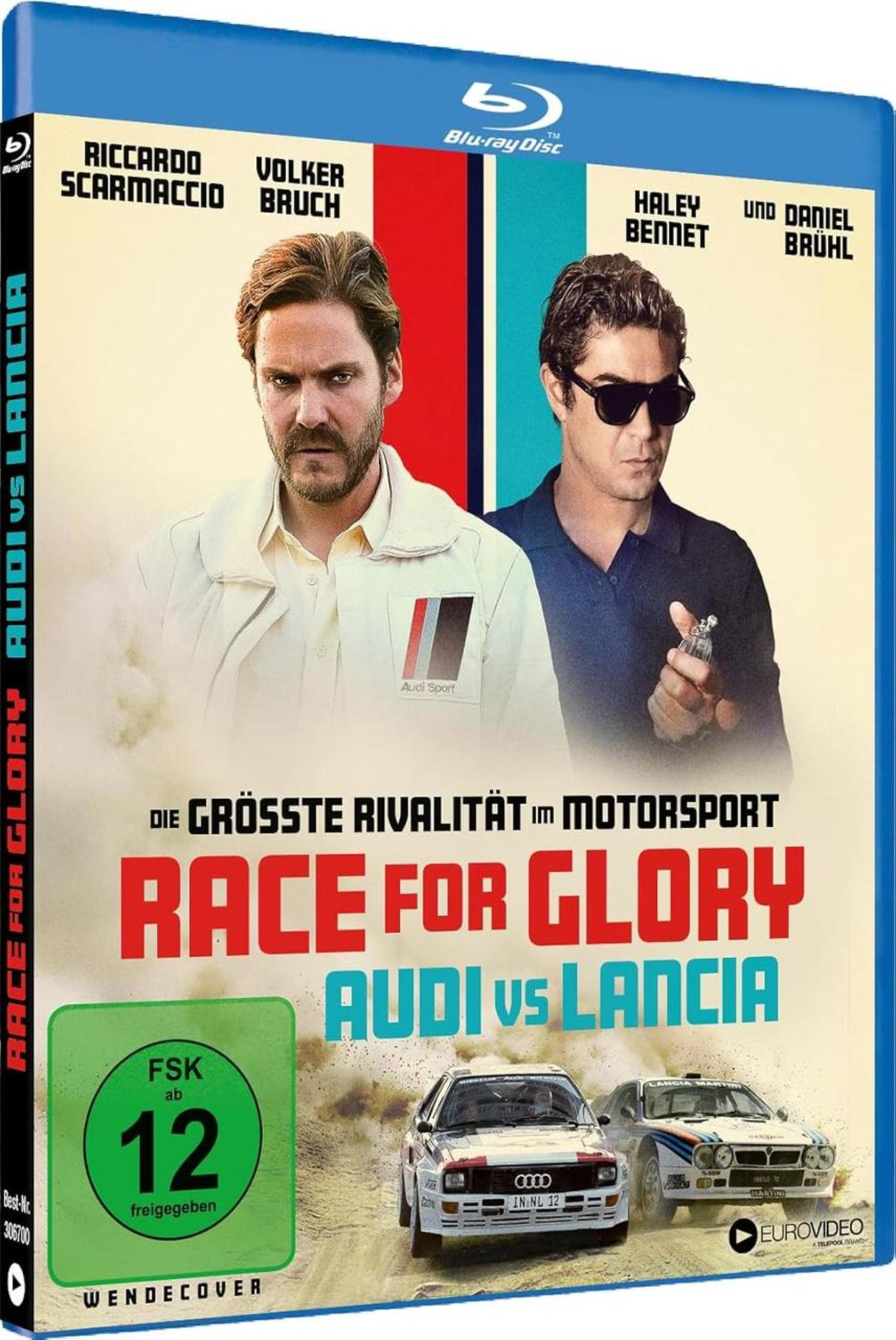 Blu-Ray-Cover von Race for Glory Audi vs Lancia mit zwei Männern und Rallyeautos.