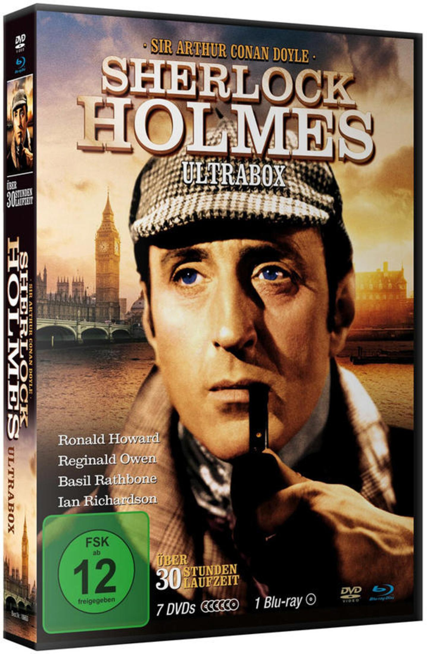 DVD-Cover von Sherlock Holmes mit Jeremy Brett im Vordergrund und Big Ben im Hintergrund.