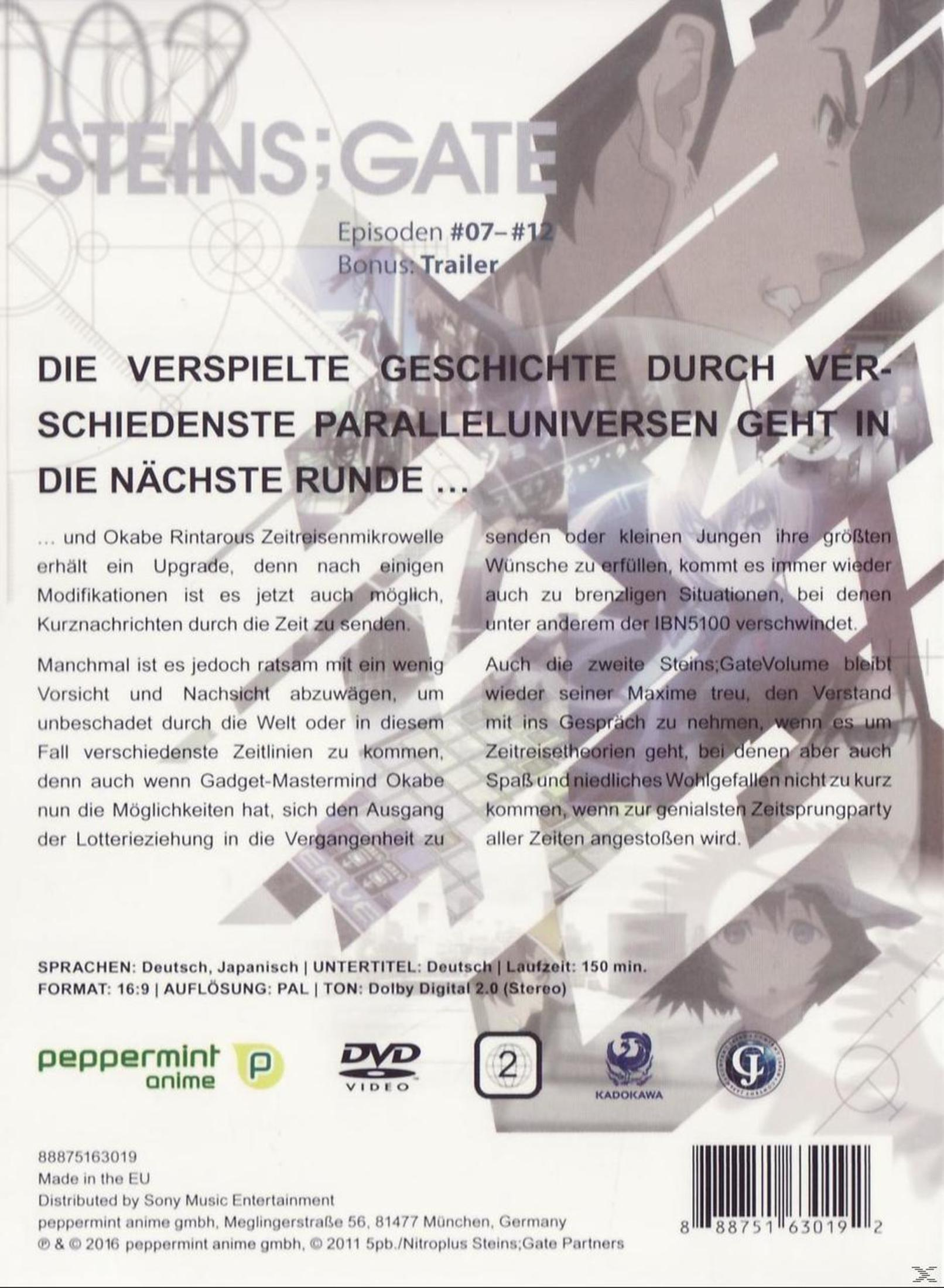 Steins;Gate Anime DVD-Cover mit deutschem Text, Charakterbildern und Logos auf Weiß.
