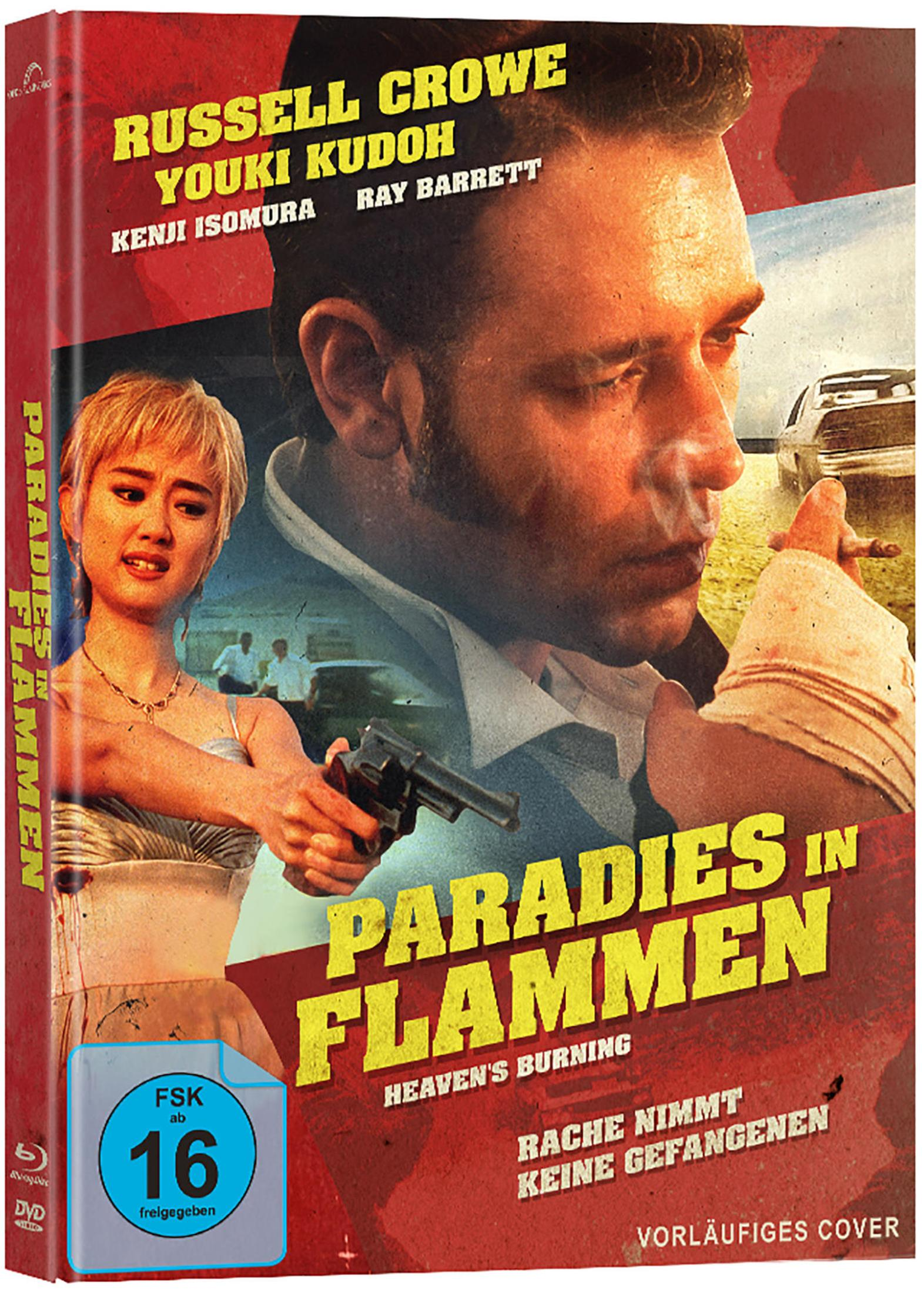 DVD-Cover von Paradies in Flammen mit Russell Crowe und Youki Kudoh, die eine Waffe und eine Zigarette halten.