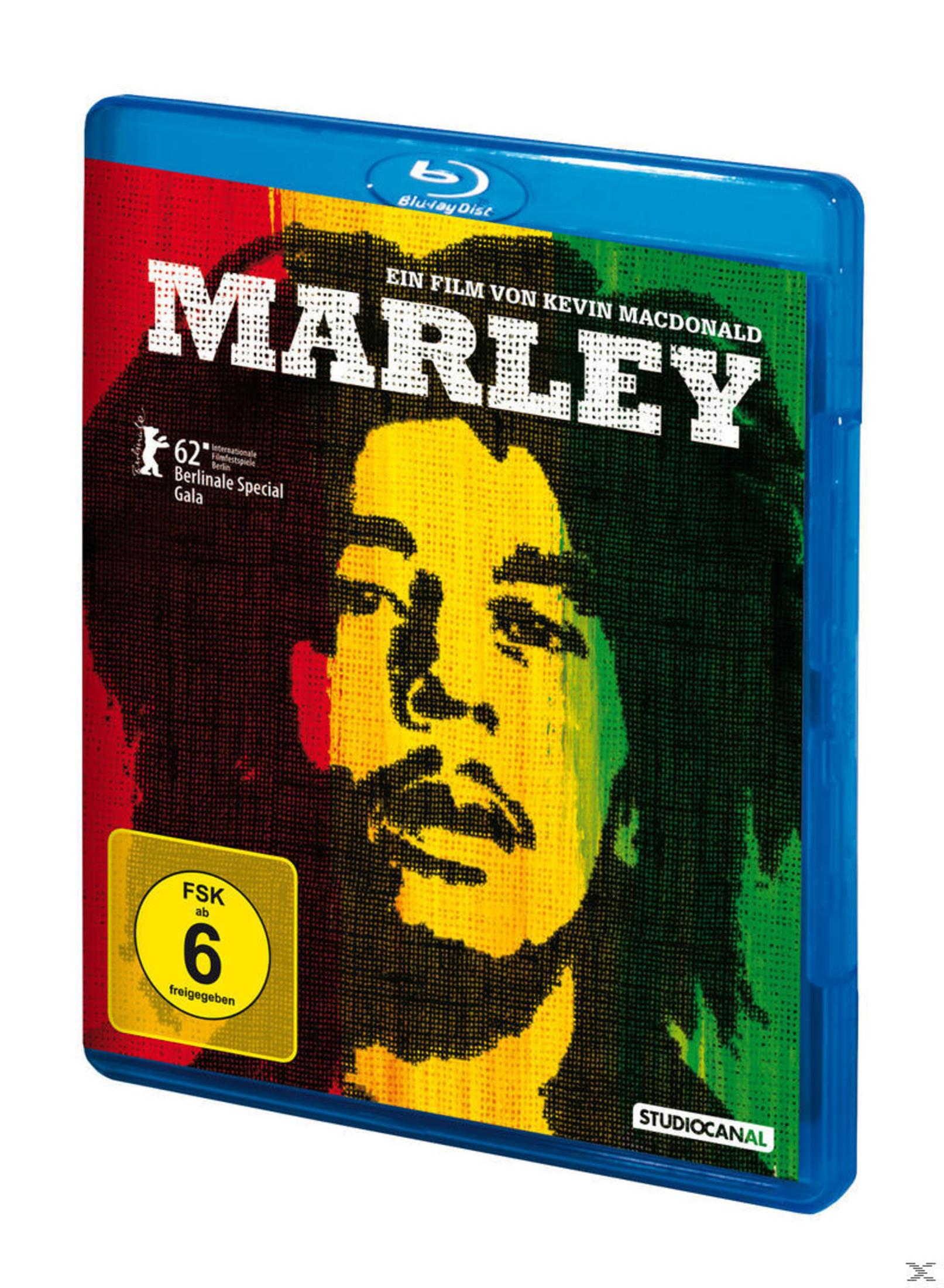 Blu-ray-Hülle für Marley, ein Dokumentarfilm von Kevin Macdonald, mit einer Grafik von Bob Marley.