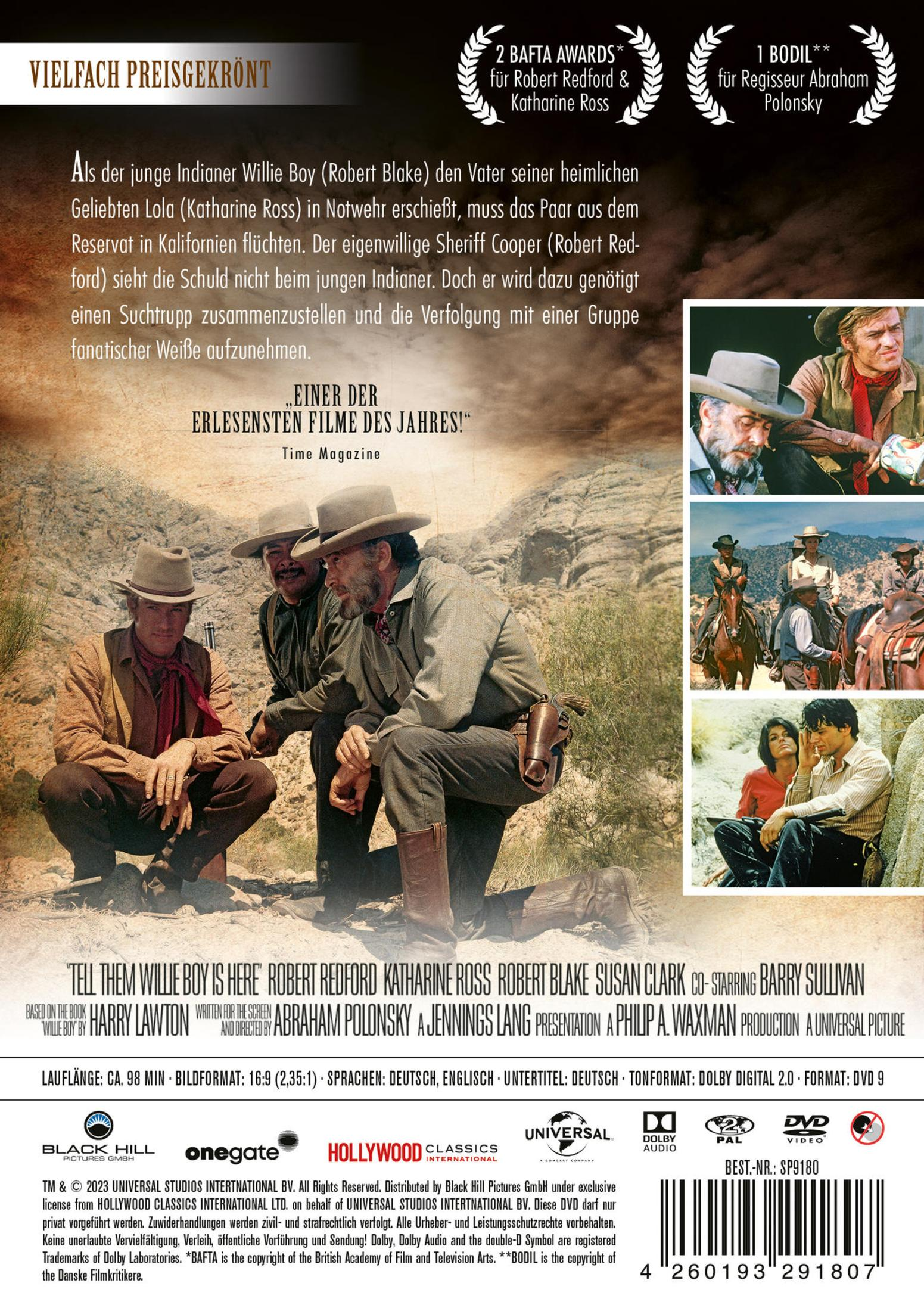 Rückseite einer DVD-Hülle mit Szenenbildern aus dem Western Tell Them Willie Boy Is Here, Text und Logos.