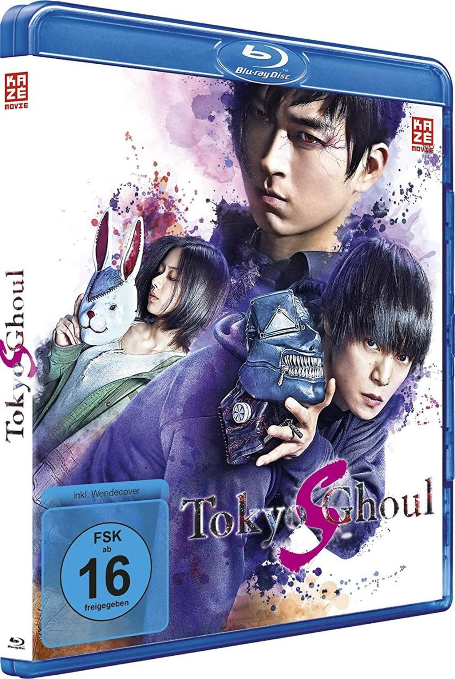 Tokyo Ghoul Blu-ray Cover mit drei Charakteren, bunten Farbspritzern und einer blauen FSK-16-Altersfreigabe.