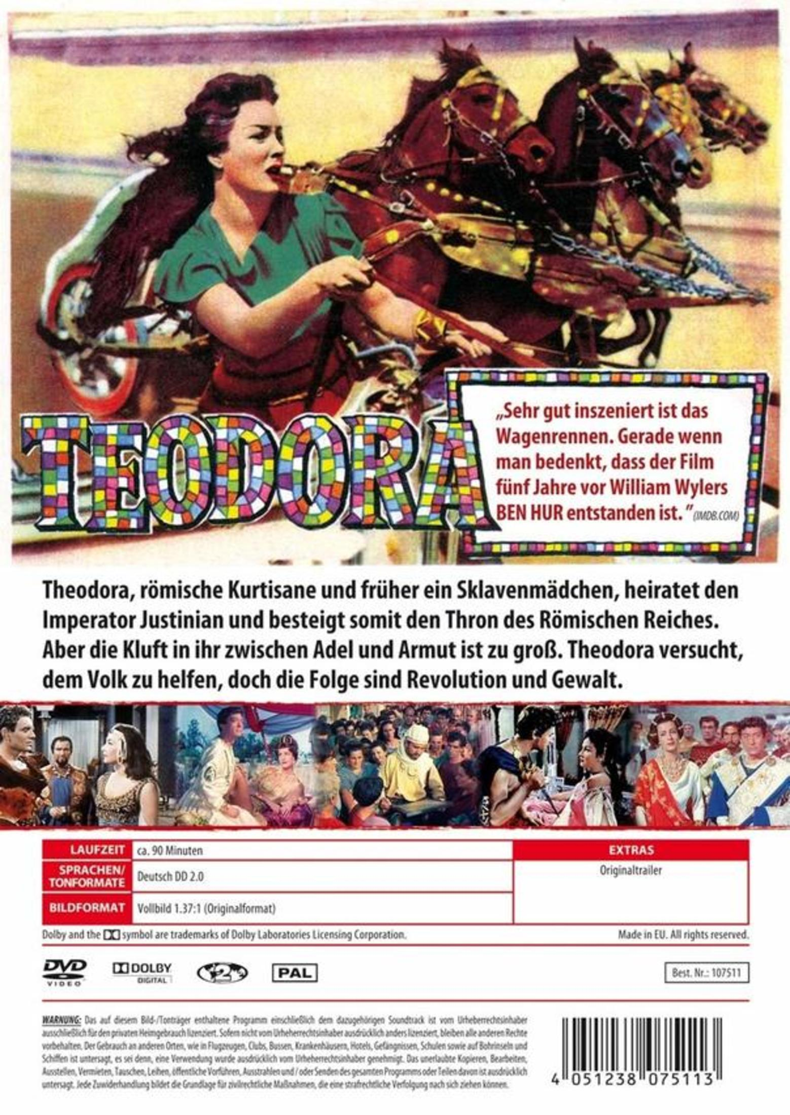 DVD-Cover des Films Theodora, mit einer Wagenlenkerin im Vordergrund, Text und Szenenbildern unten.