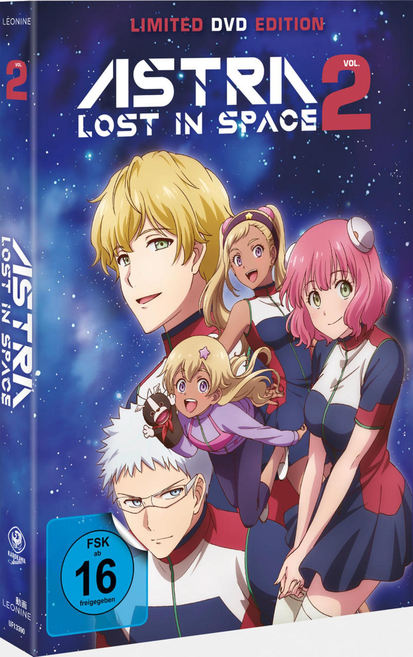 Anime-DVD-Cover von Astra Lost in Space Vol. 2 mit fünf Charakteren vor sternenblauem Weltraumhintergrund.