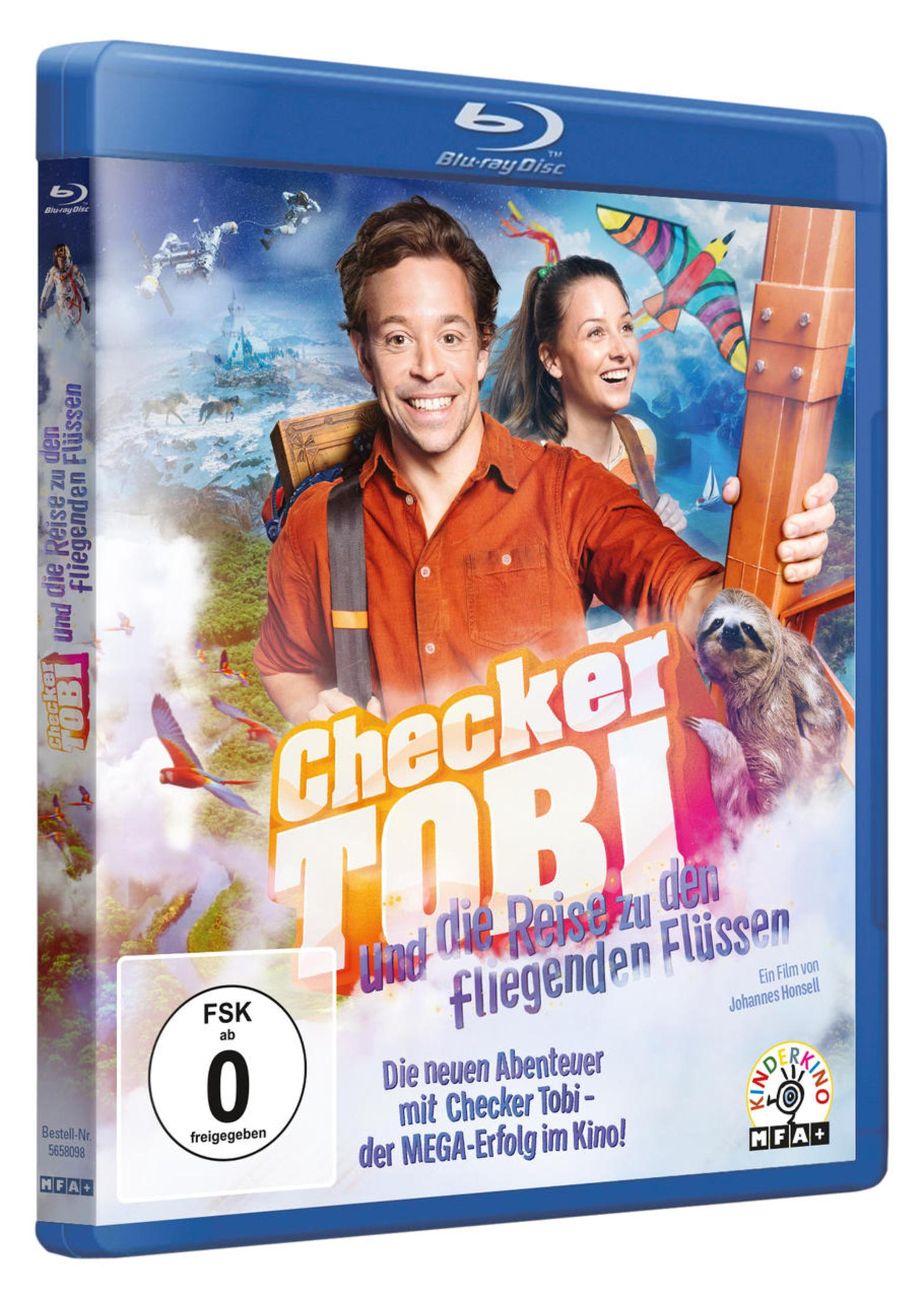 Blu-ray-Hülle des Films Checker Tobi und die Reise zu den fliegenden Flügen mit lachendem Mann und Faultier.