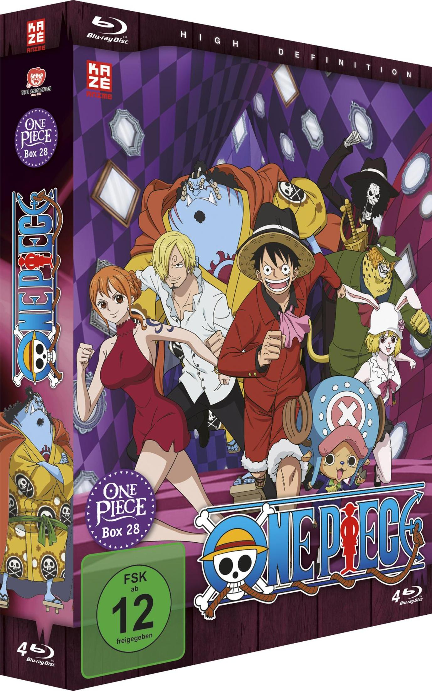 Anime-Blu-ray-Hülle mit One-Piece-Charakteren vor violettem Spiegelhintergrund.