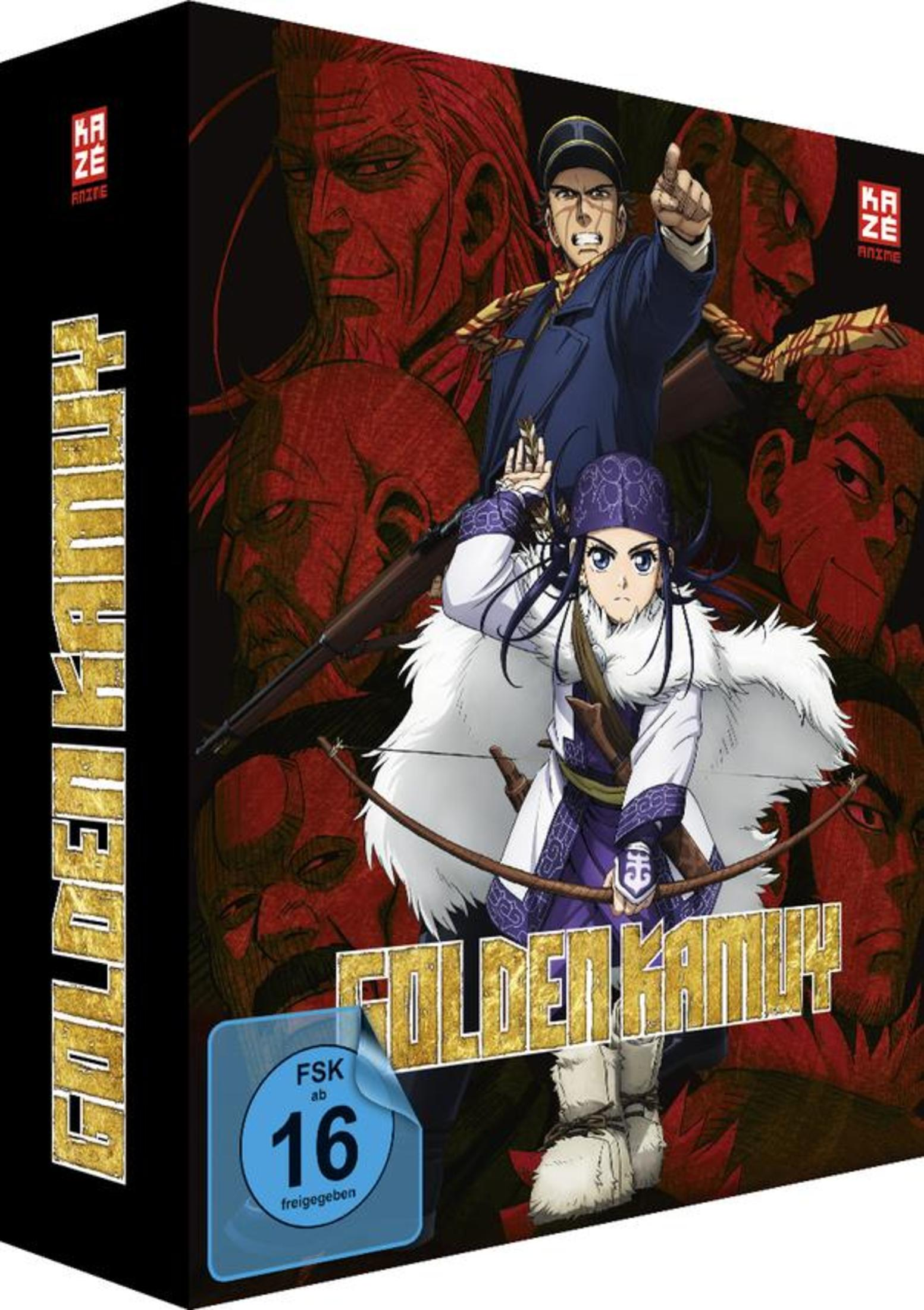 Anime-Boxcover mit Charakteren aus Golden Kamuy vor rotem Hintergrund und dem Titel in Gold.