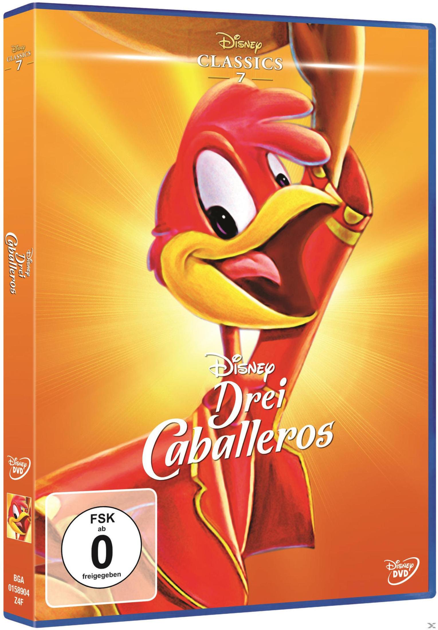 DVD-Cover von Disney Classics 7: Drei Caballeros mit der Zeichentrickfigur Panchito Pistoles vor orangefarbenem Grund.