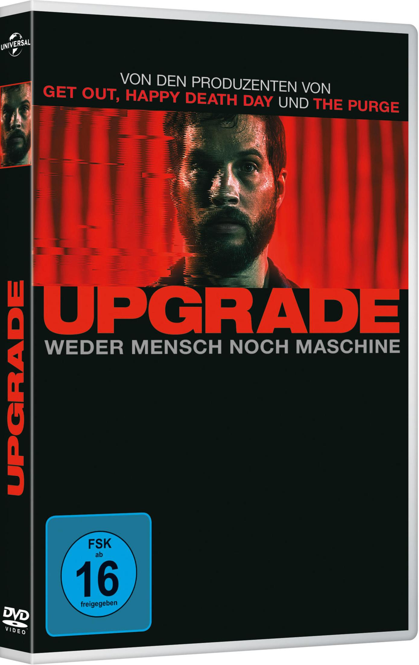 DVD-Cover des Films Upgrade mit dem Gesicht eines Mannes in rot-schwarzem Design und FSK-16-Logo.