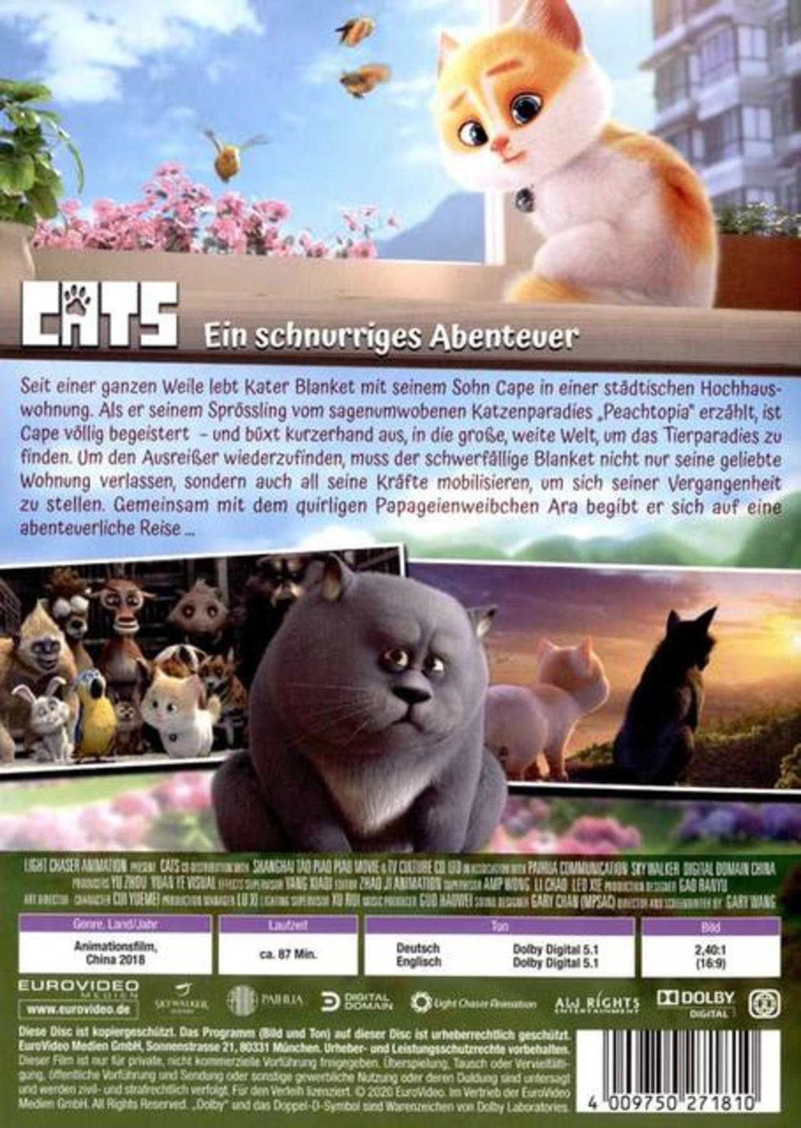 DVD-Hülle des Animationsfilms Cats – Ein schnurriges Abenteuer mit Katzen und deutscher Beschreibung.