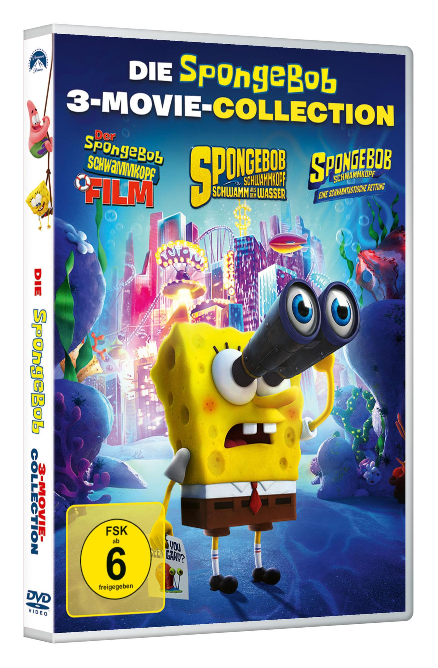DVD-Hülle der SpongeBob 3-Movie-Collection mit SpongeBob, der durch ein Fernglas schaut vor einer Unterwasserstadt.