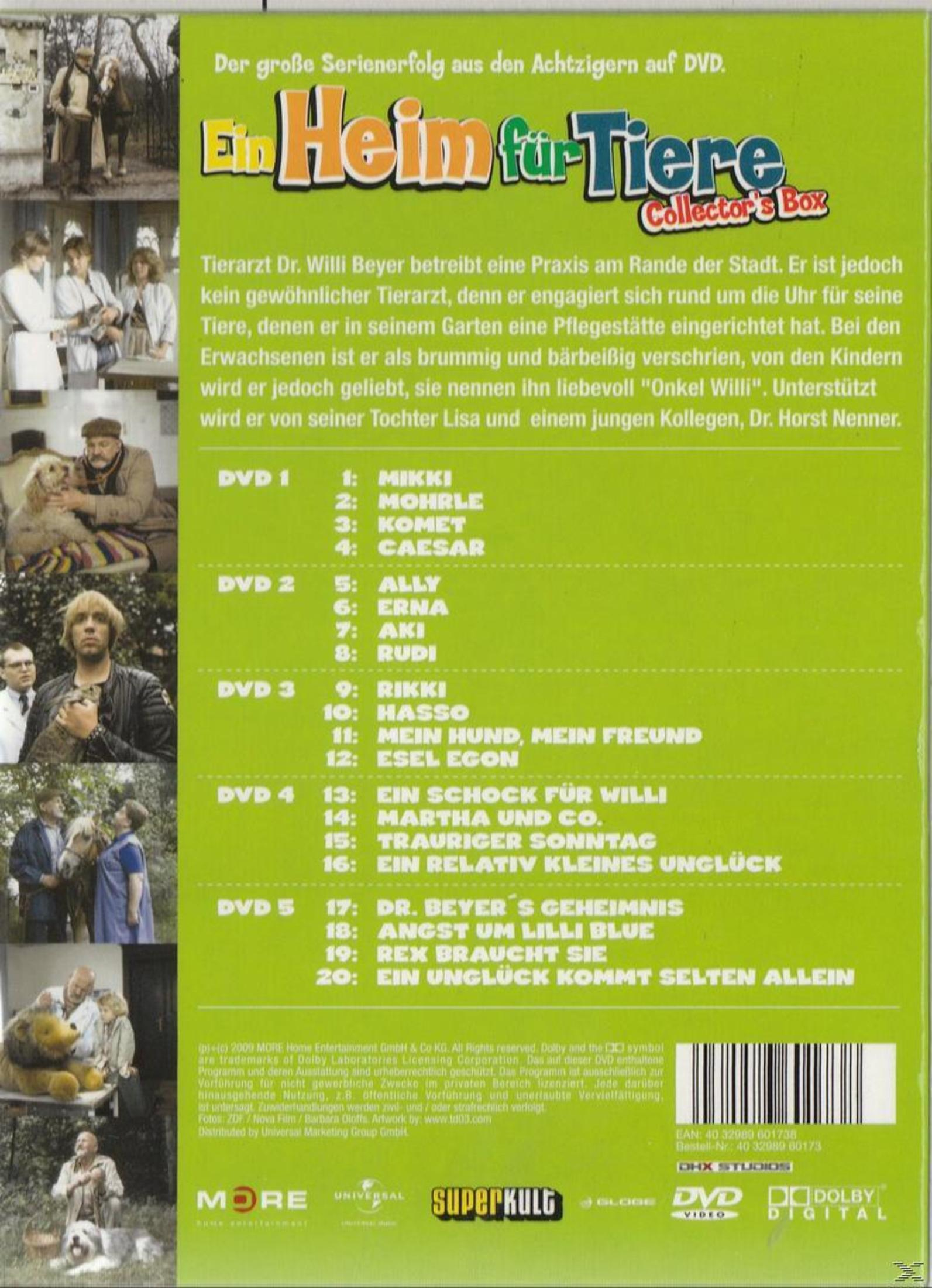 DVD-Hülle der Serie Ein Heim für Tiere mit grünem Hintergrund, Beschreibung und Szenenbildern.