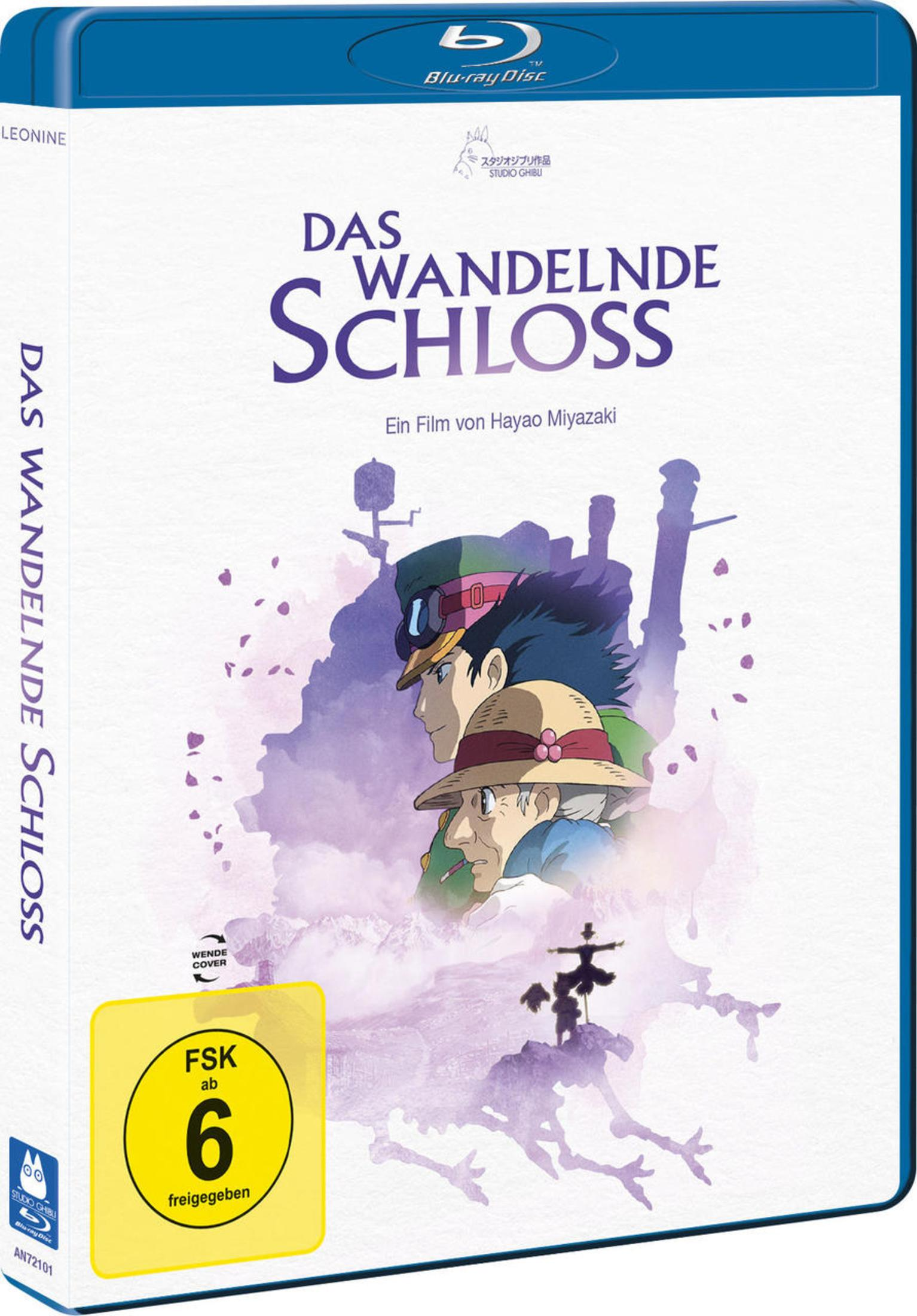 Blu-ray-Hülle des Films Das wandelnde Schloss mit den Hauptfiguren Sophie und Howl vor einem violetten Hintergrund.