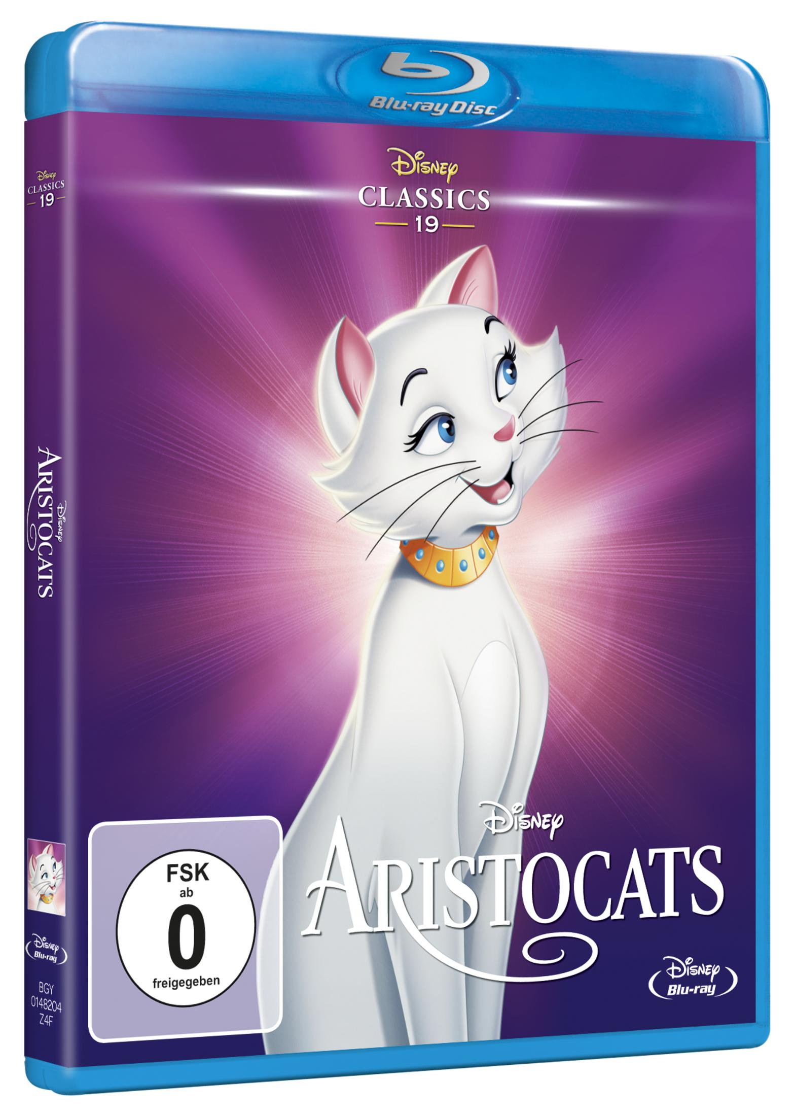 Das Aristocats Blu-ray-Cover zeigt Duchess, eine weiße Katze mit gelbem Halsband, vor violettem Hintergrund.