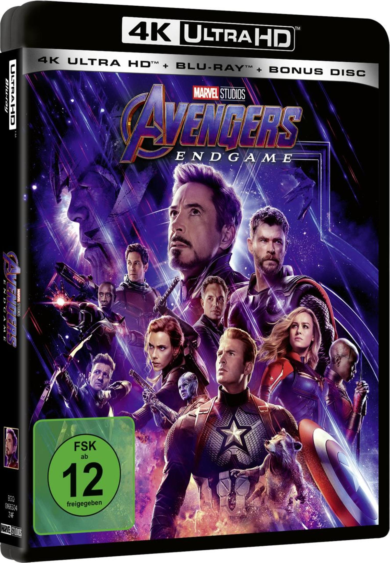 Avengers Endgame 4K Ultra HD Blu-ray-Cover mit Hauptfiguren und violettem Hintergrund.