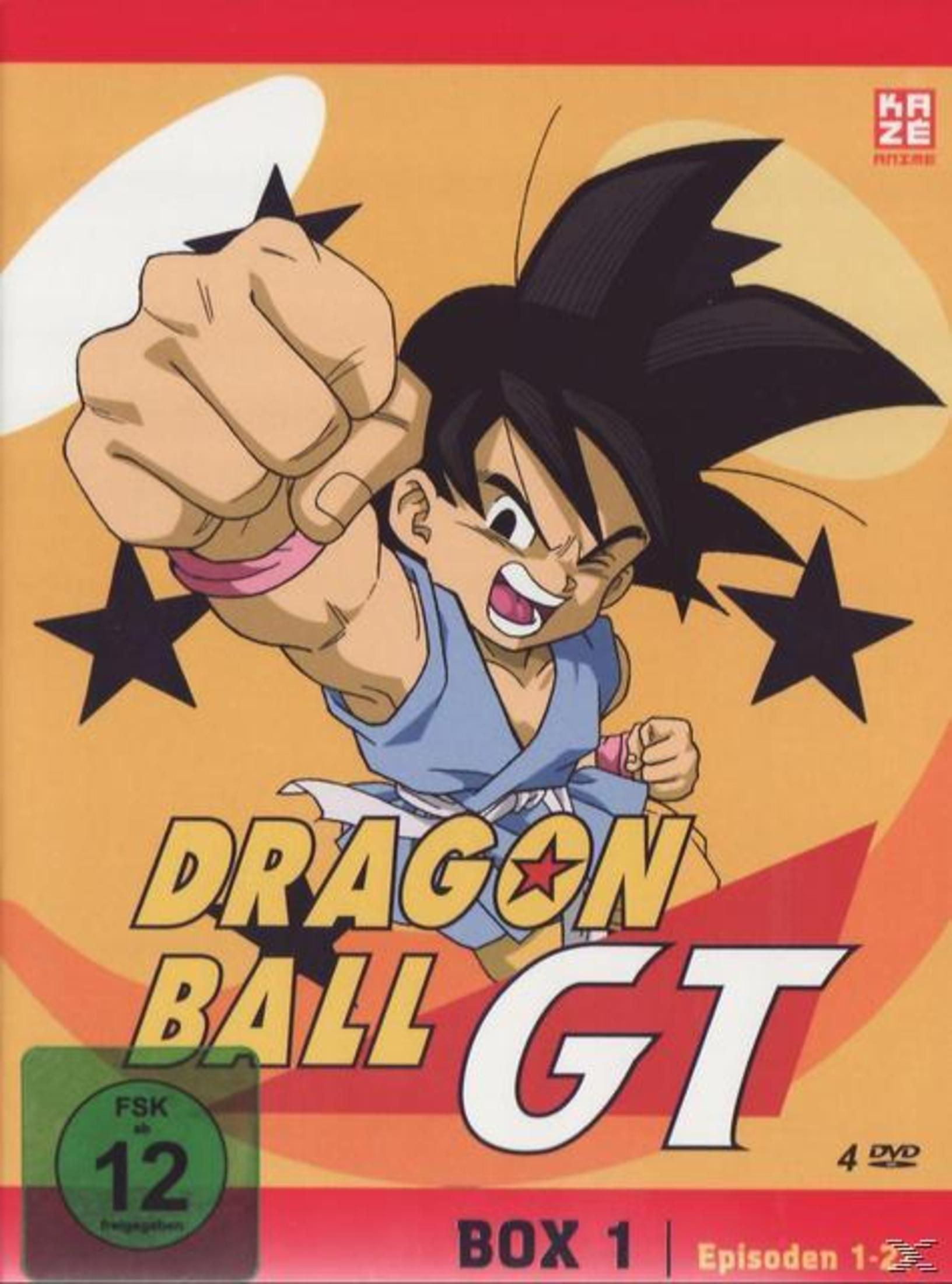 Dragon Ball GT DVD Cover zeigt Goku in blauer Kleidung mit erhobener Faust.