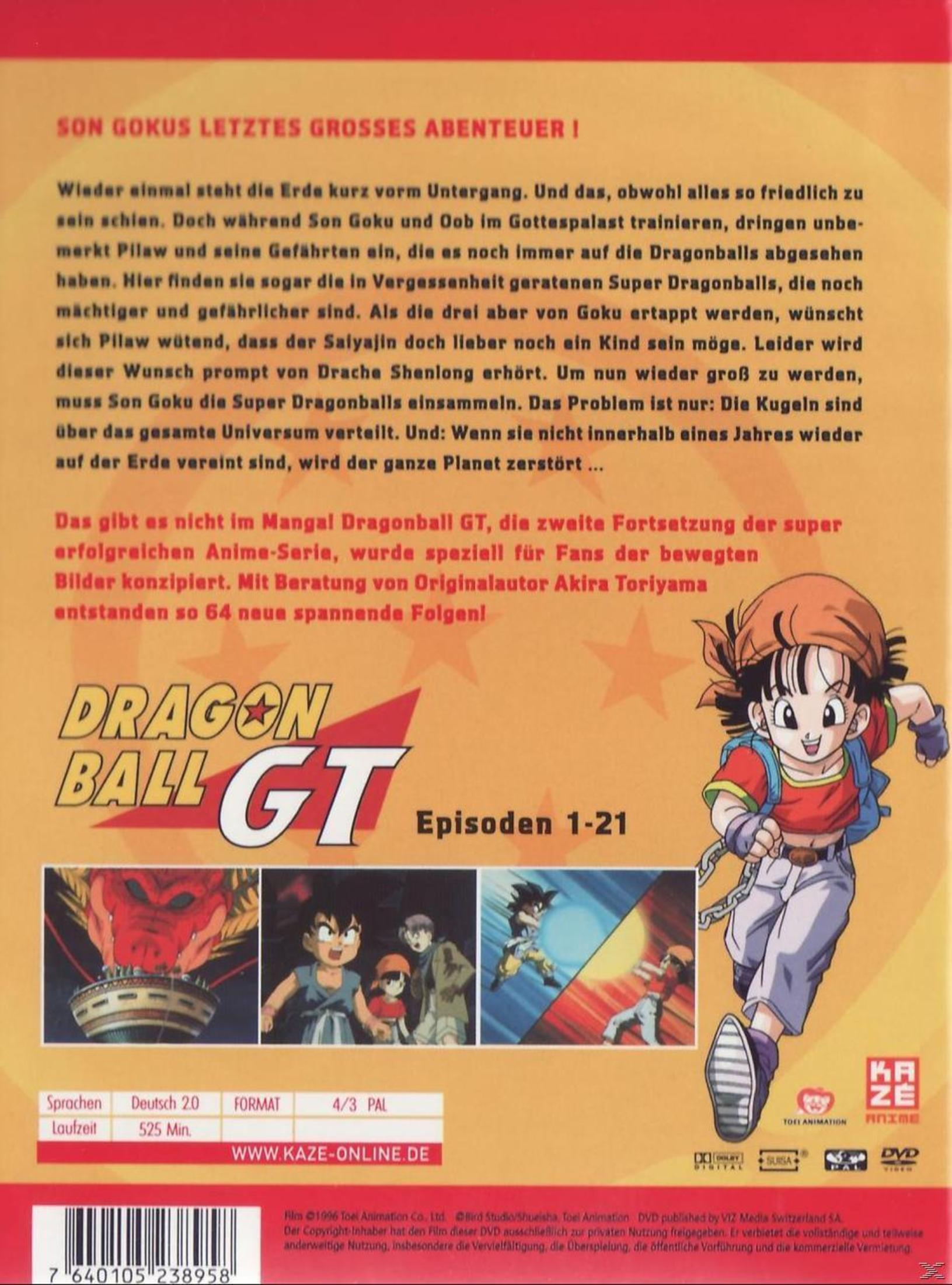 Dragon Ball GT DVD-Hülle mit Inhaltsangabe, Charakteren und Szenenbildern auf orangefarbenem Hintergrund.