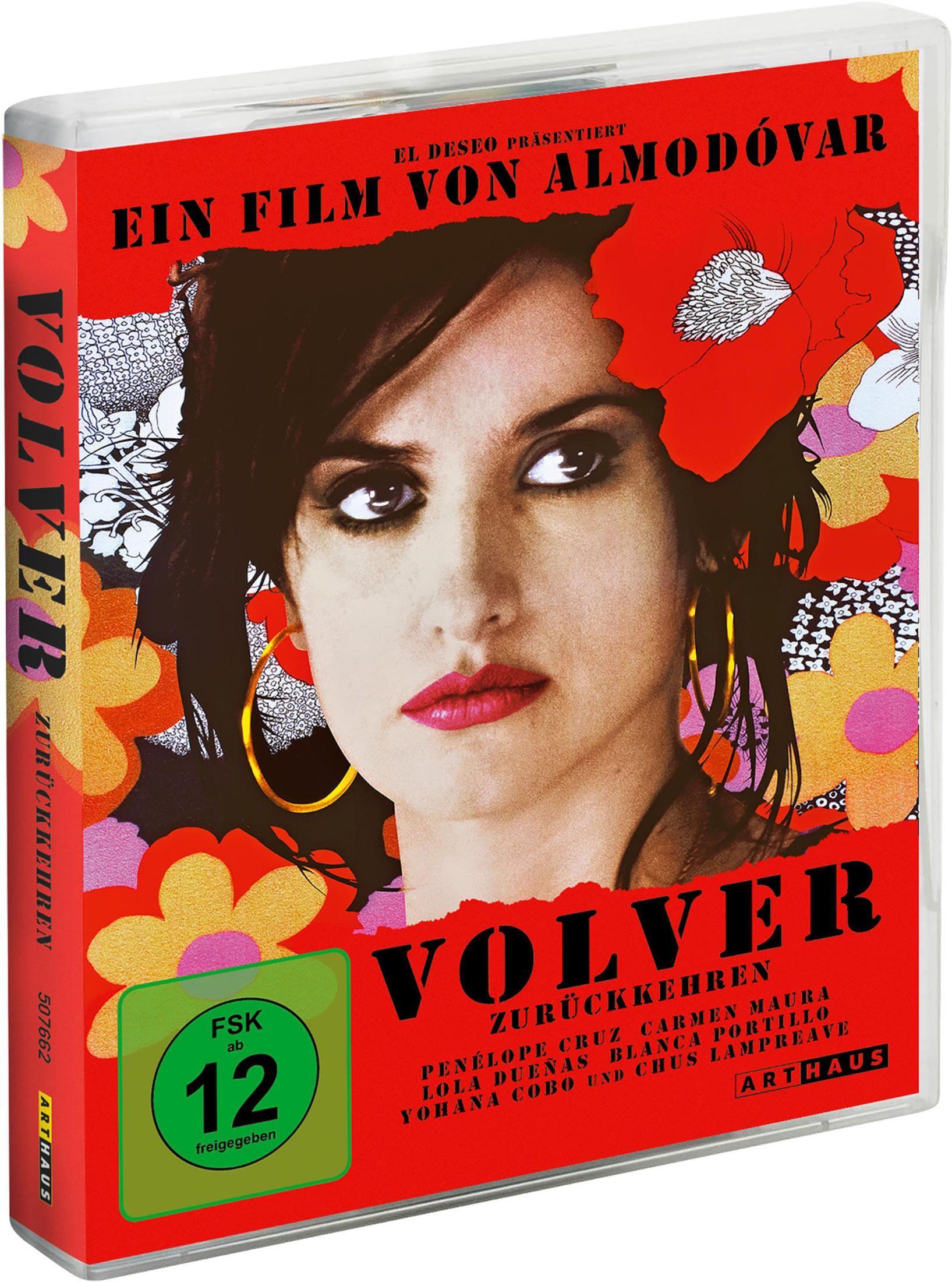 DVD-Hülle des Films Volver mit Penelope Cruz vor rotem, floralem Hintergrund.