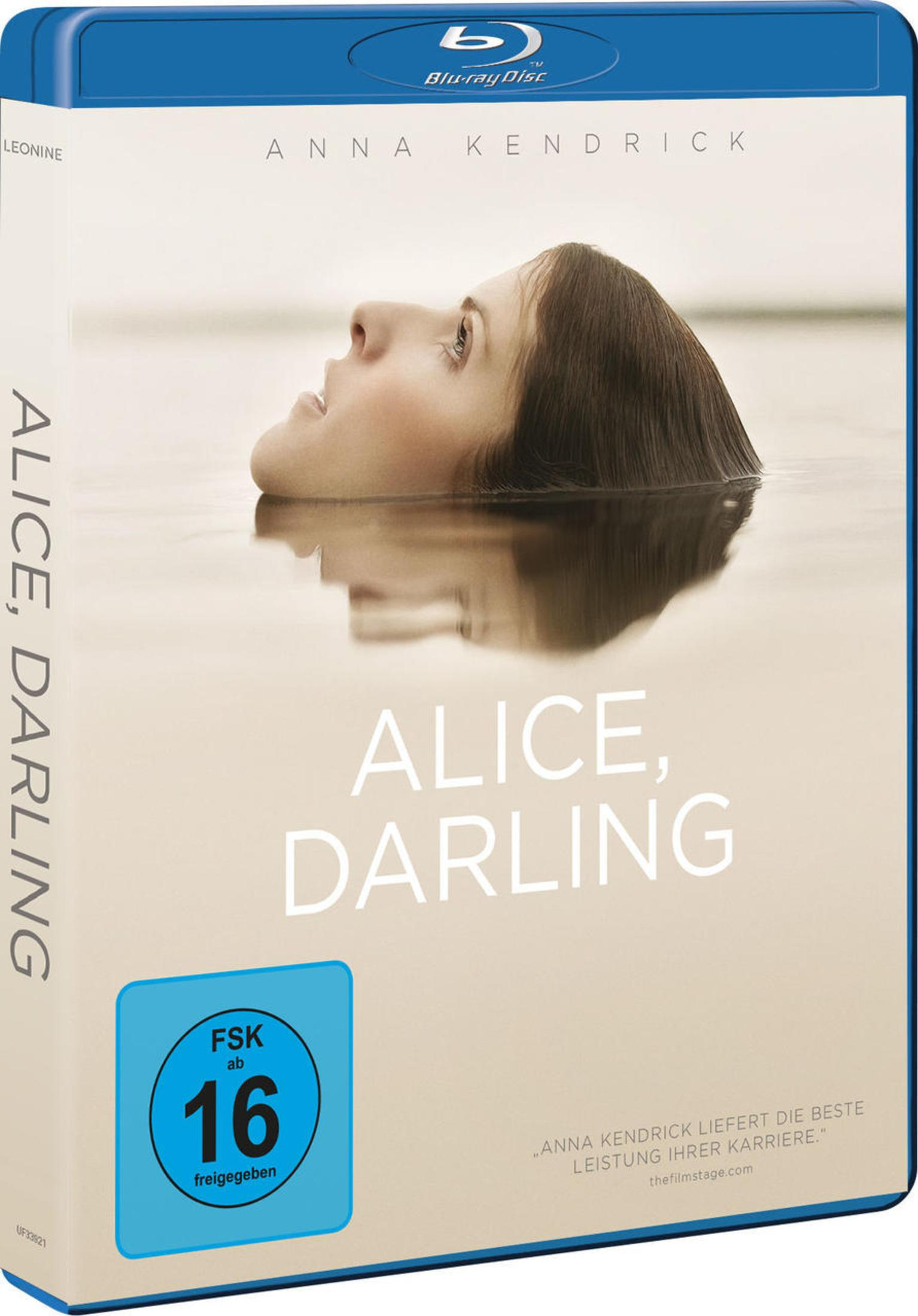 Blu-ray-Hülle des Films Alice, Darling mit Anna Kendrick, die im Wasser liegt, und einem FSK-16-Logo.