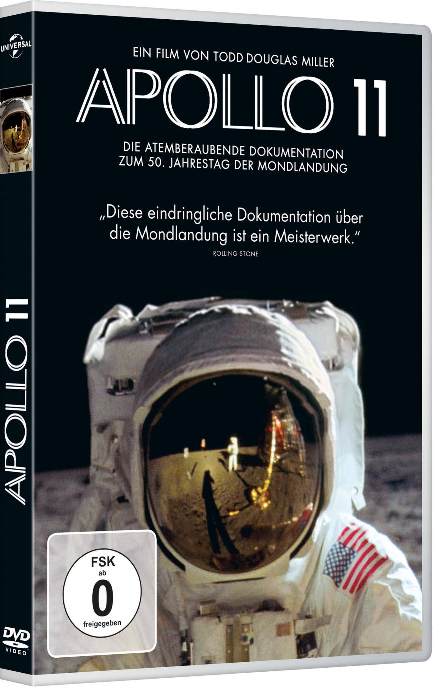 DVD-Hülle der Dokumentation Apollo 11 mit dem Helm eines Astronauten, der eine Mondlandung reflektiert.