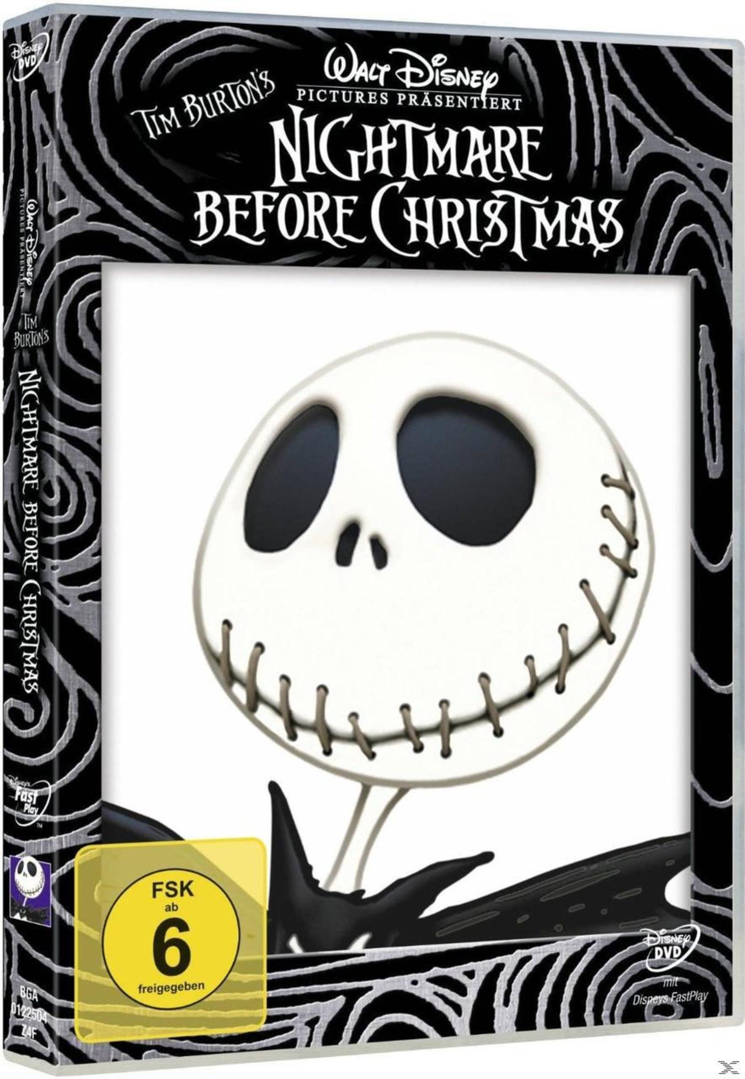 DVD-Cover von The Nightmare Before Christmas mit Jack Skellingtons weißem runden Gesicht auf schwarzem Hintergrund.